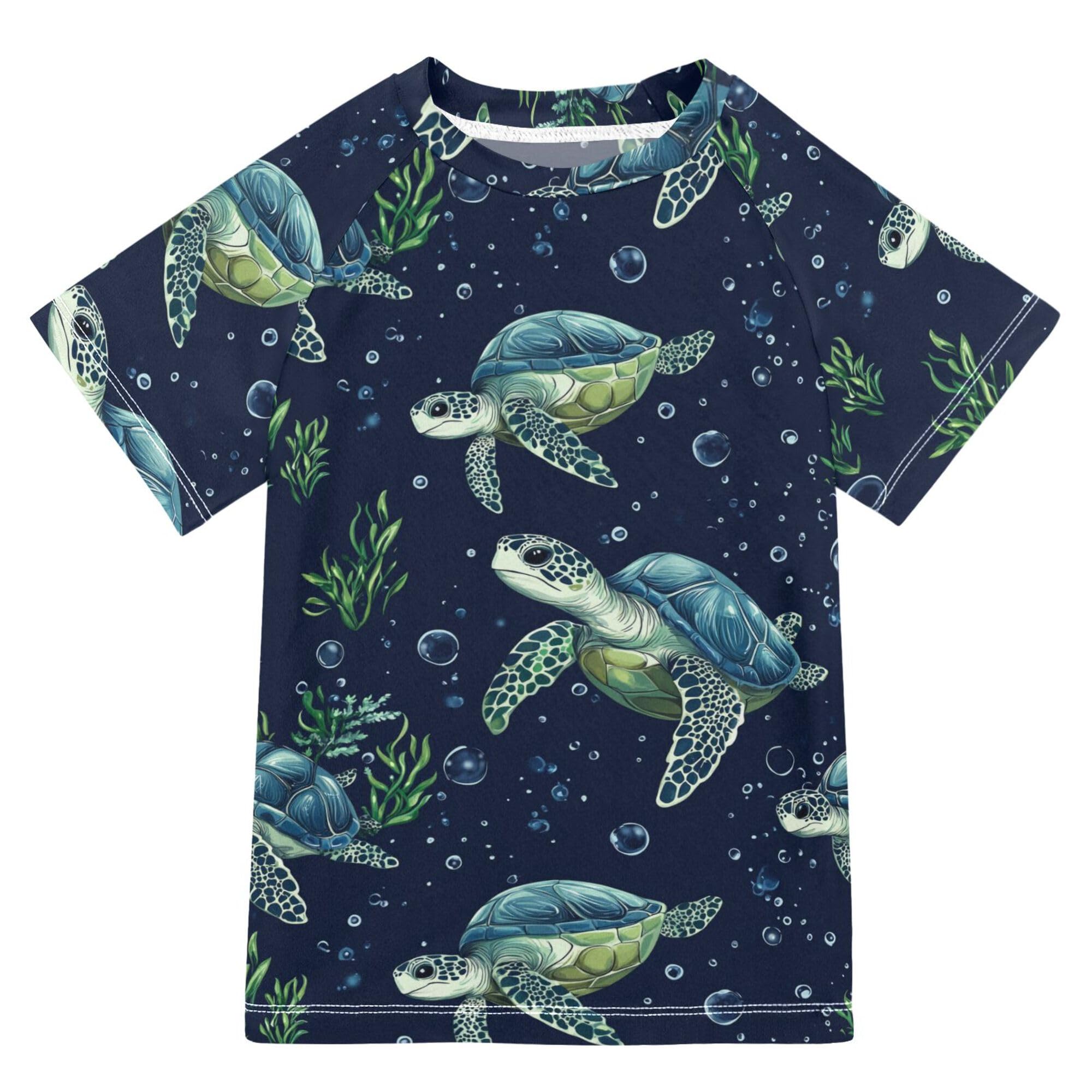 Wudan Cartoon Brazilian Turtle Navy Blue Boy Bathing Suit Short Sleeves Rash Guard for Girls Swimwears Kids Shirts for Teen Boy 5-6T
