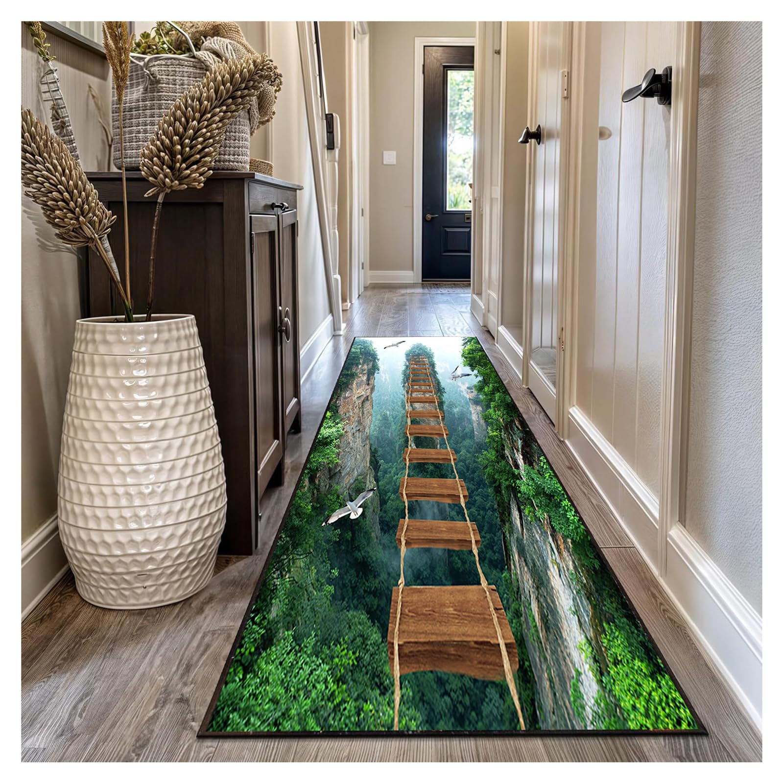 3D Illusion Teppich Läufer Flur Grün 60x300 cm rutschfest Waschbar Küchenteppich Lang Flurläufer Meterware Für Korridor Eingangsbereich Schlafzimmer Wohnzimmer Teppichmatten Anpassbar