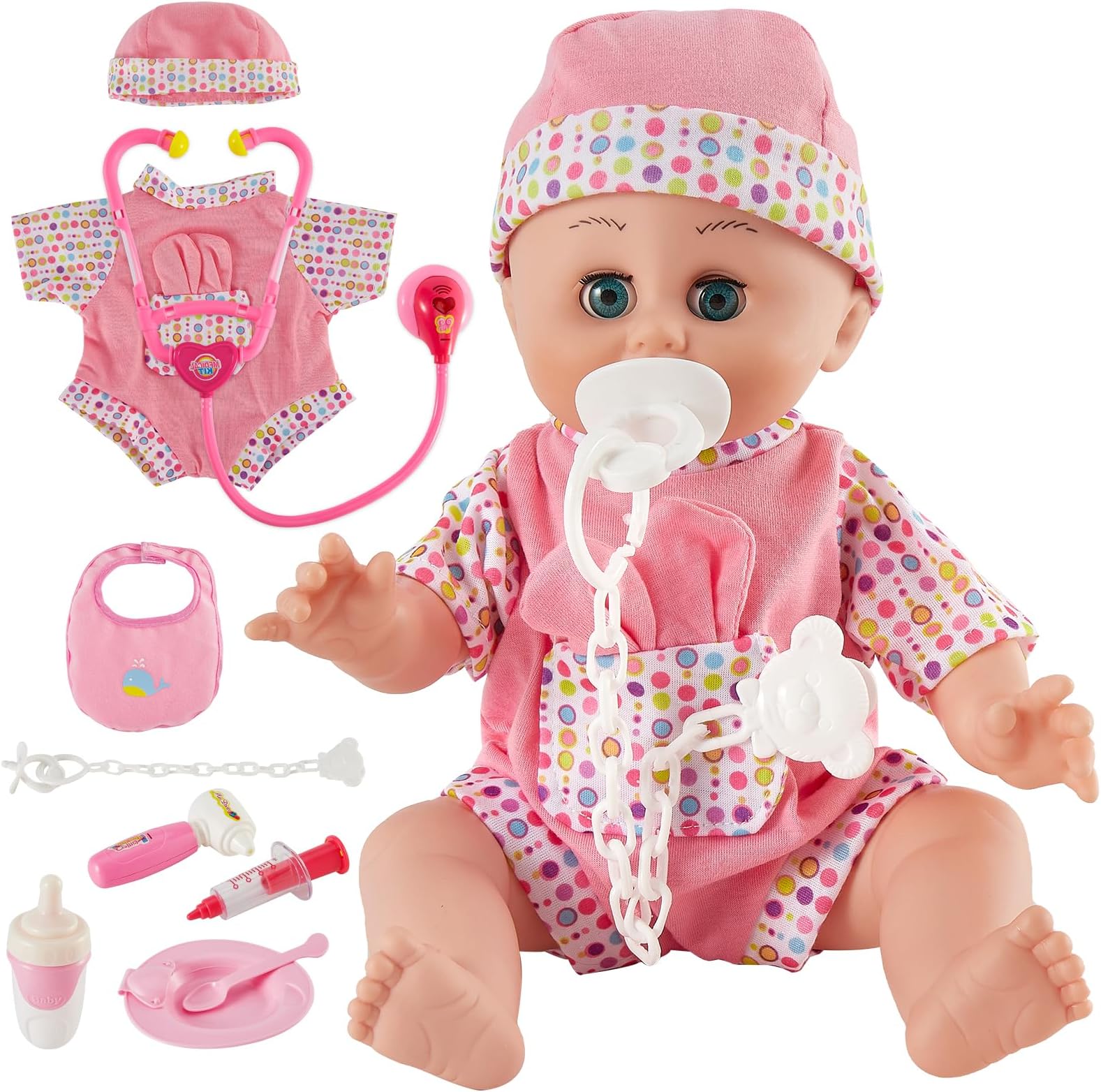 HERSITY Baby Doll Doctor Set Toy for Girls, Talking Baby Dolls Open and Closing Eyes, 13” Interactive Baby Doll Accessories Pretend Play Toy Gift for Kids Toddler 2 3+ 4 5 Years Old, Pink