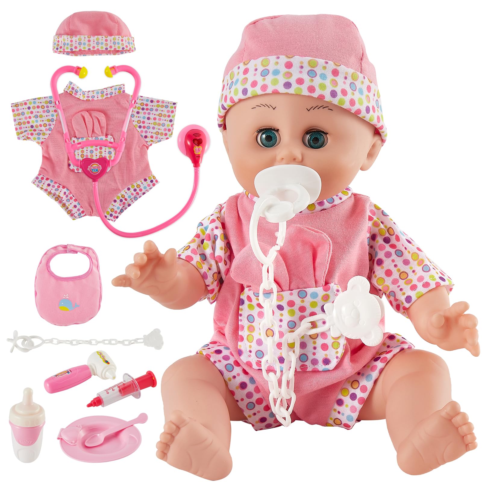 HERSITY Baby Dolls Play Set with 12 Tones and Automatic Opening and Closing Eyes, Dolls Dresses Doctor Case Children, Educational Toy Role Play 2 3 Year Old Girls