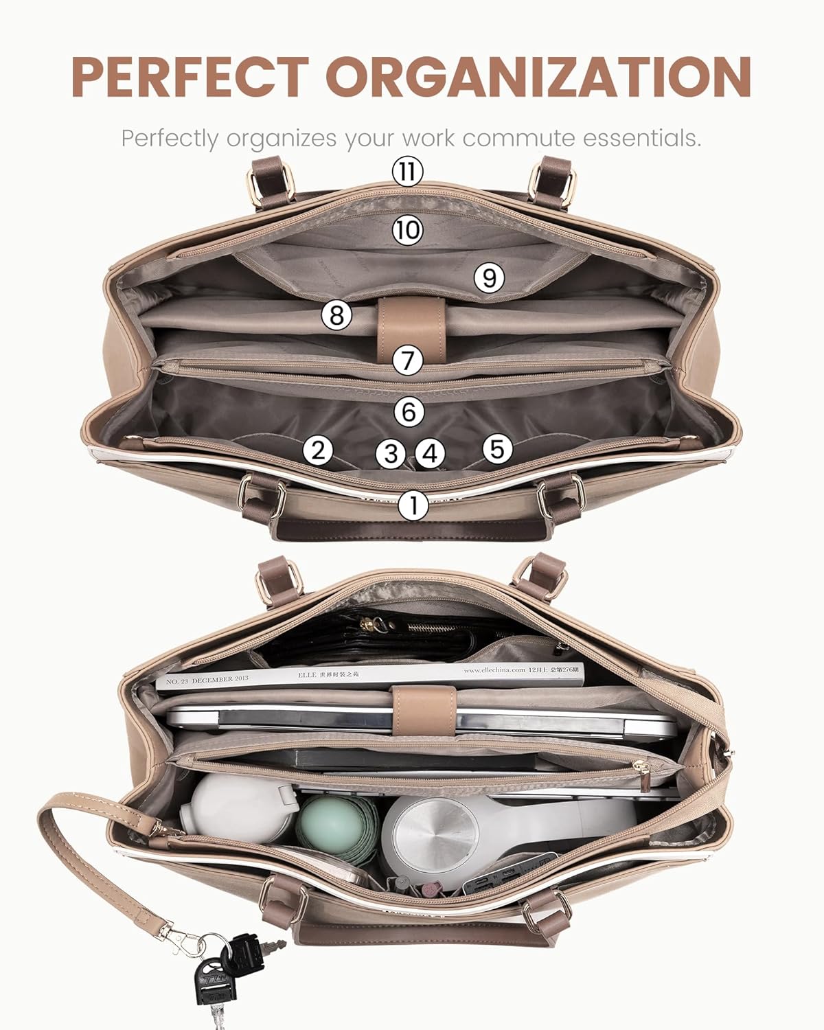 LOVEVOOK Laptop Tote Bag for Women, Work Bags Teacher Tote Bag, Waterproof Leather Computer Bag, Business Laptop Purse Office Handbag Professional Briefcase, Taupe, 15.6 Inch - Image 4