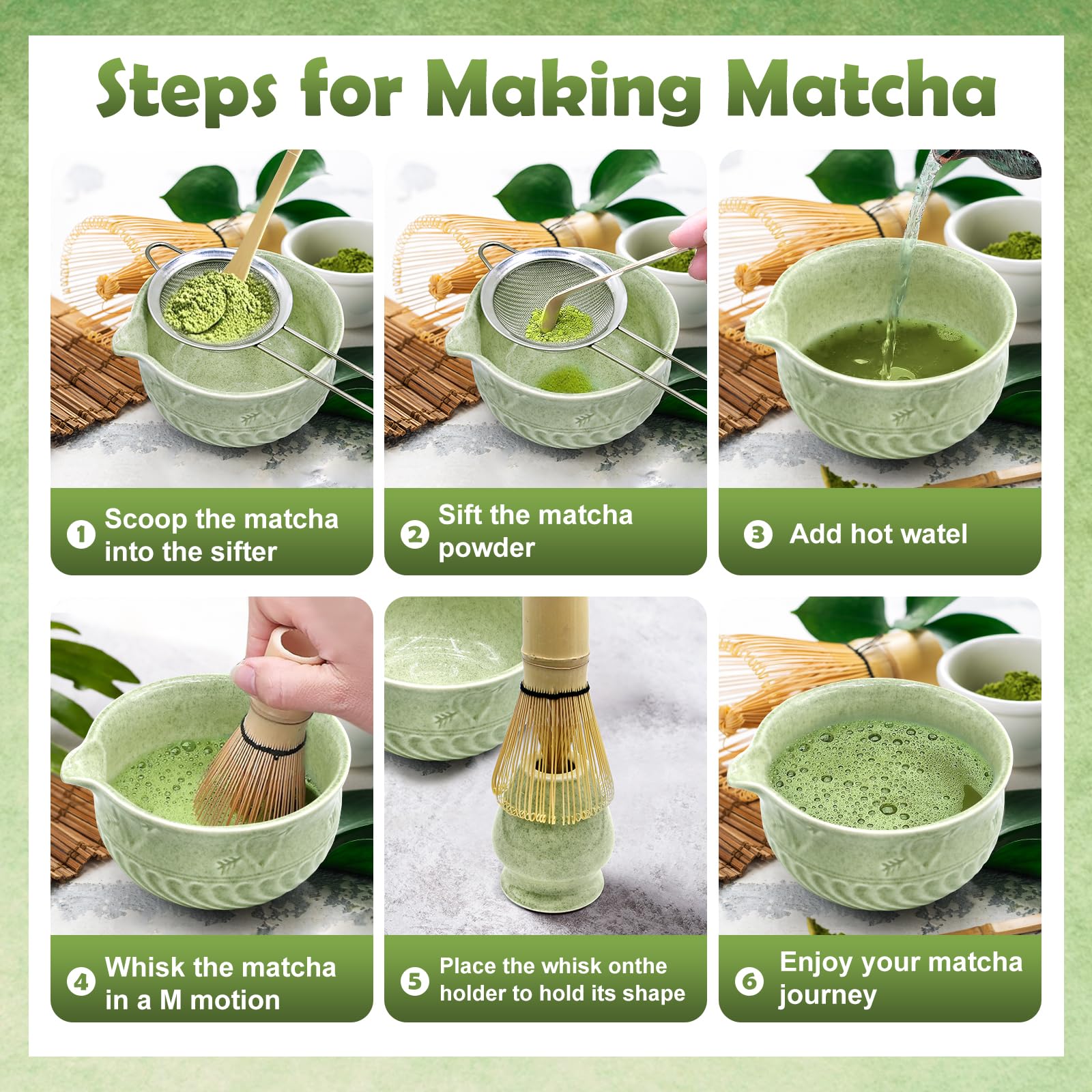 5 piezas Matcha set, Juego de té Japonés Premium, Matcha Kit con Batidor Te Matcha Cuchara Te Matcha Soporte de Batidor de Cerámica, para Amantes del té(Color matcha)