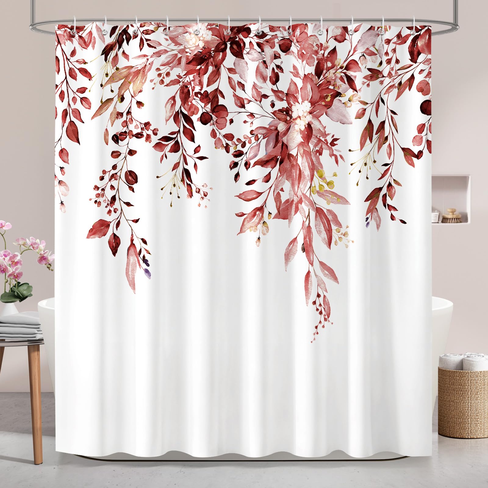 Hopomoon Burgundy Red Eucalyptus Shower Curtain,Watercolor Red Floral Leaves Waterproof Polyester Bath Curtain Farmhouse Bath Decor with 12 Hooks,