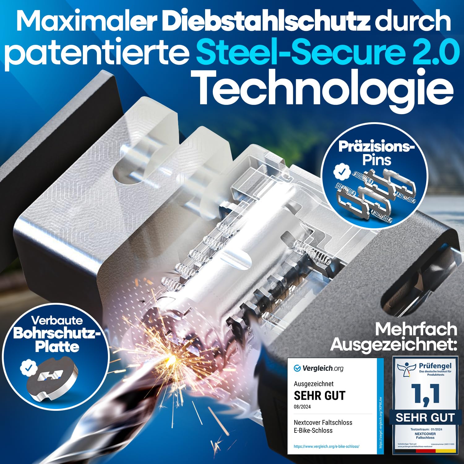 NEXTCOVER® Faltschloss Fahrrad FoldOne 100cm - Das Original - mit SteelSecure-Technologie und 3 Schlüsseln I Robustes Fahrradschloss Faltschloss, Fahrradschloss hohe Sicherheit mit Halterung