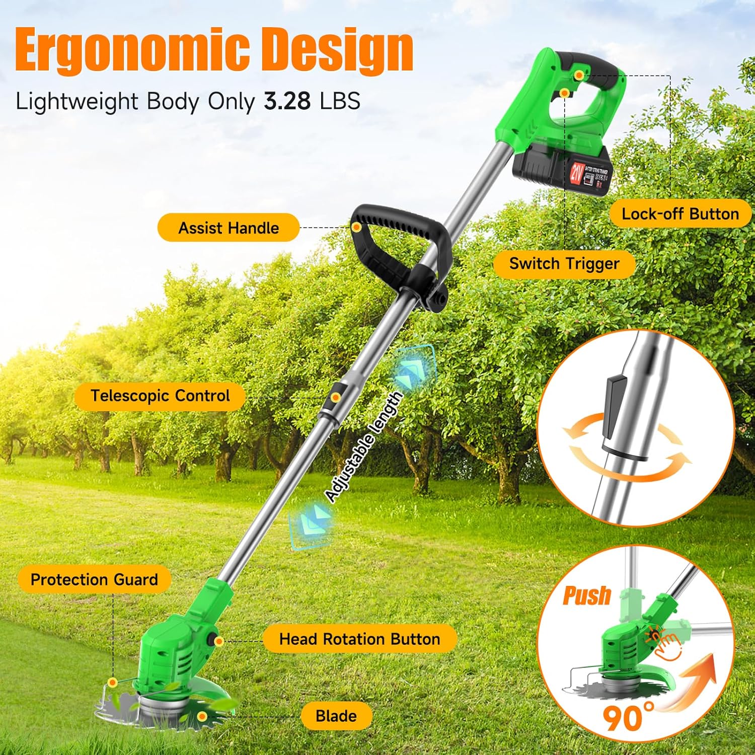 Electric Weed Wacker Cordless StringlessTrimmer,Grass Trimmer,with 2 Batteries, 1 Charger, 3Types Blades, Weed Trimmer Battery Powered Lightweight Battery Brush Cutter for Yard and Garden (Greener)