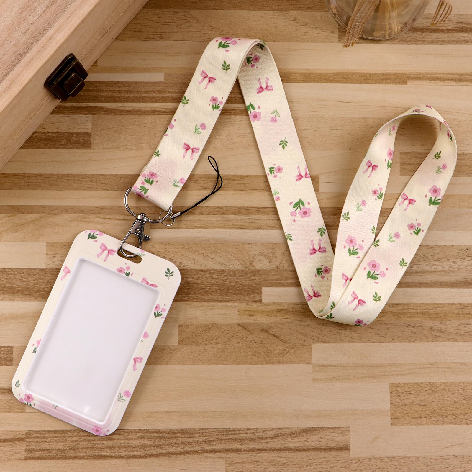Pink Flowers ID Lanyard Card Holder Cute Key Lanyard Neck Strap for Keys & ID Badge for Women Girls Teachers Kids Nurse School ID Holder Keychain (Butterfly & Bow) - Image 3