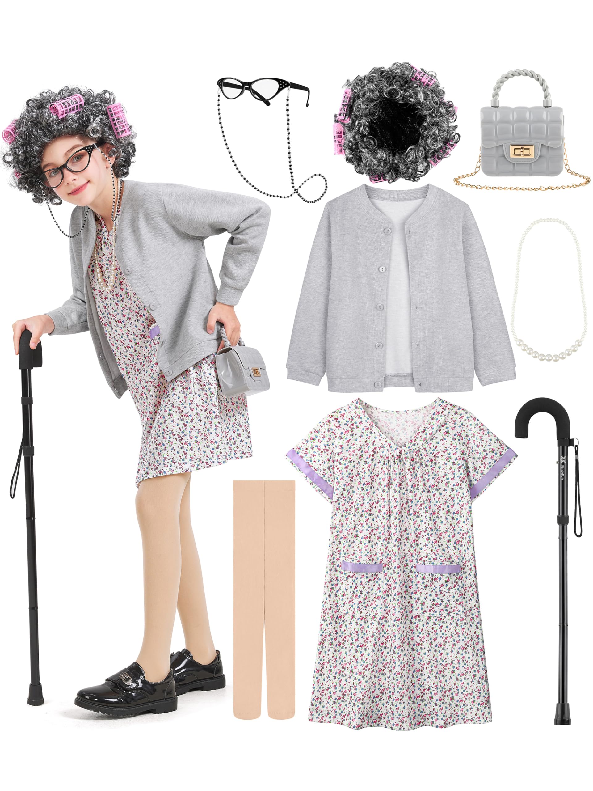 FancyFun 8 Pcs 100 Days of School Costume for Girls, Old Lady Costume for Kids Grandma Wig Dress Granny Nightgown Accessories
