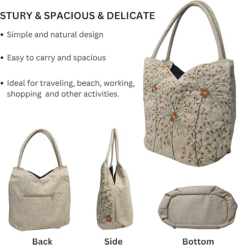 Miniatura 5 de HCRAFT Embroidered Handbags for Women, Large Beads Flower Shoulder Tote Bag with Zipper Fabric Hobo Bags, Mother's Day Bag