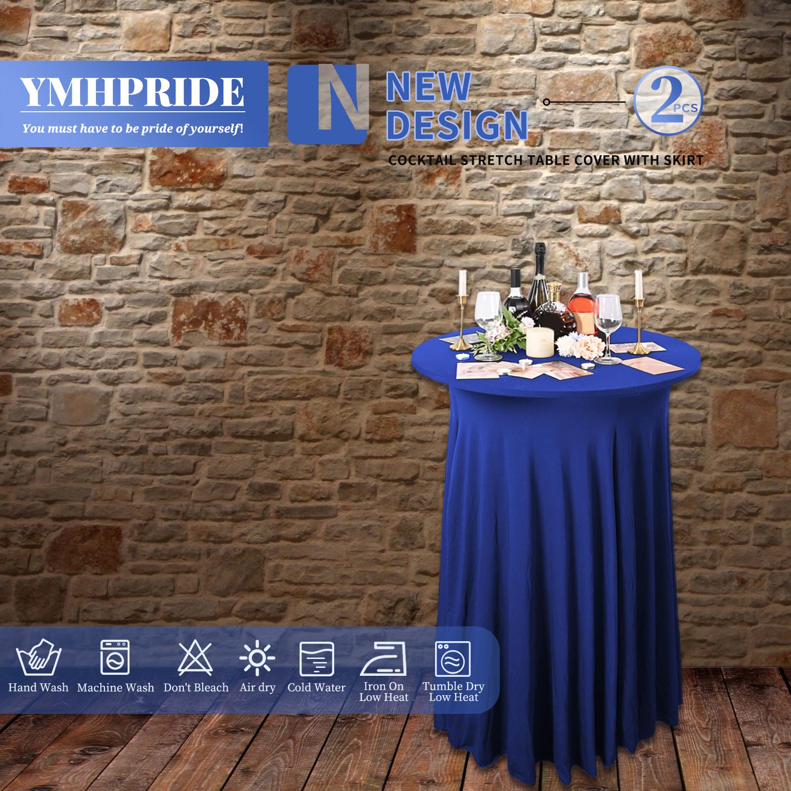 YMHPRIDE Lot de 2 Bleu Housse pour Table Haute, Nappe Mange Debout 80 x 110 cm, Bleu Nappe Jupe Plissée Extensibles en Spandex pour Cocktail Mariage Banquet Anniversaire Banquet Bar Table