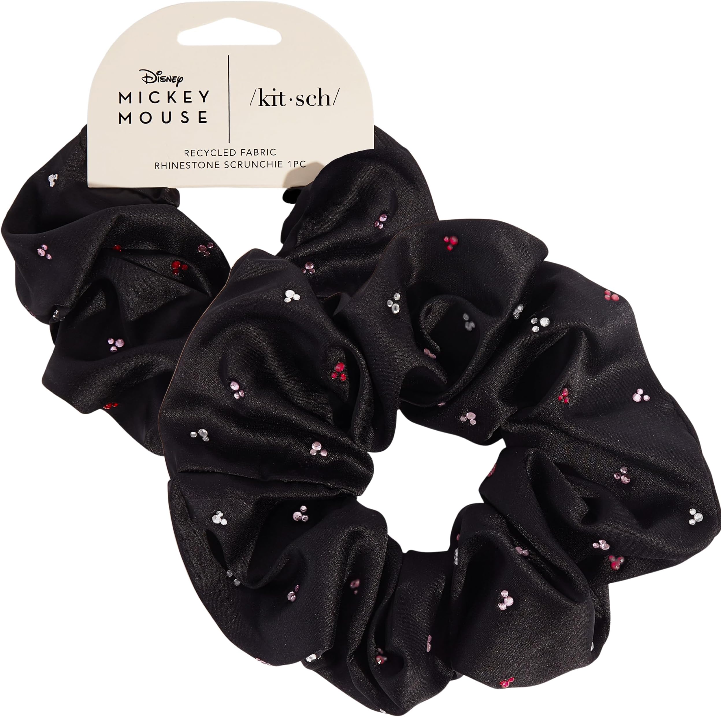 & Mickey/Minnie Fabric Rhinestone Scrunchies for Women, Hair Scrunchies for All Hair Types, Recycled Polyester, Perfect for Updo or Half Up Ponytail | Ideal Gifts for Women (Black) - 1 Piece