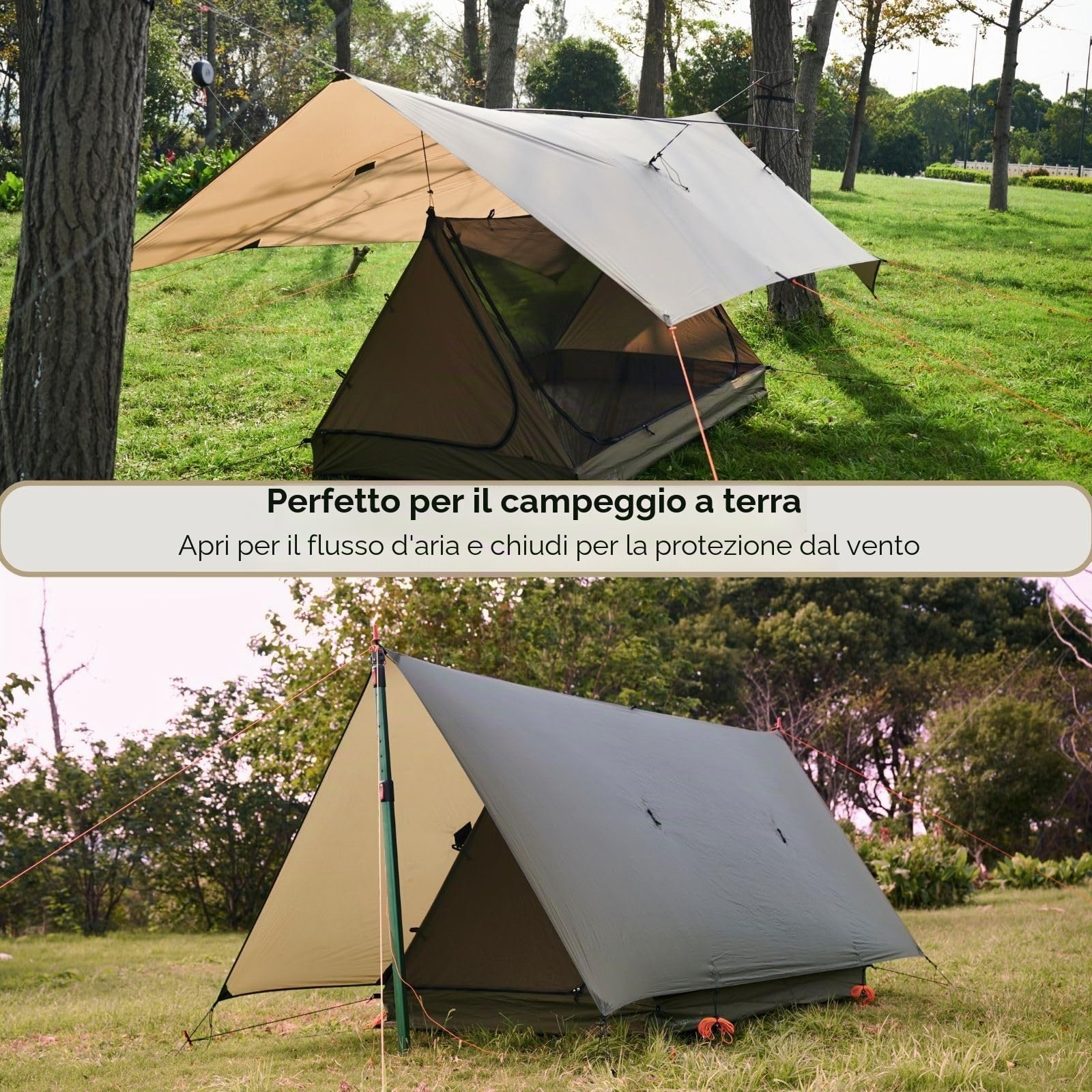 onewind Telone per amaca, impermeabile, ultraleggero, grande copertura con porte, portatile, per bushcraft invernale, tenda, tutti gli accessori inclusi (verde oliva1, 365 x 295 cm)