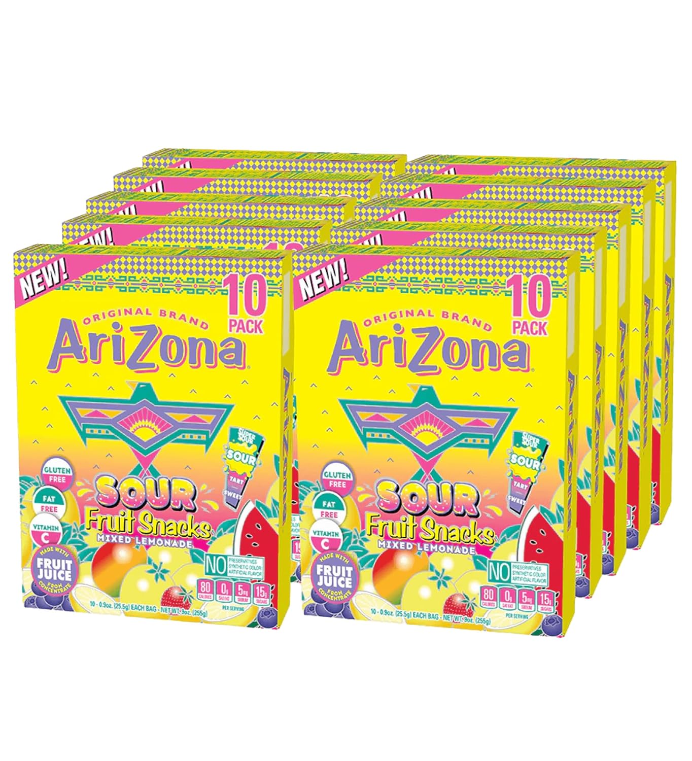 AriZona Fruit Snacks, Sour Lemonade - 10 Boxes of 10 ct. 0.9oz Bags (Total 100 ct. 0.9oz Bags) - Gluten Free - Gummy Chews