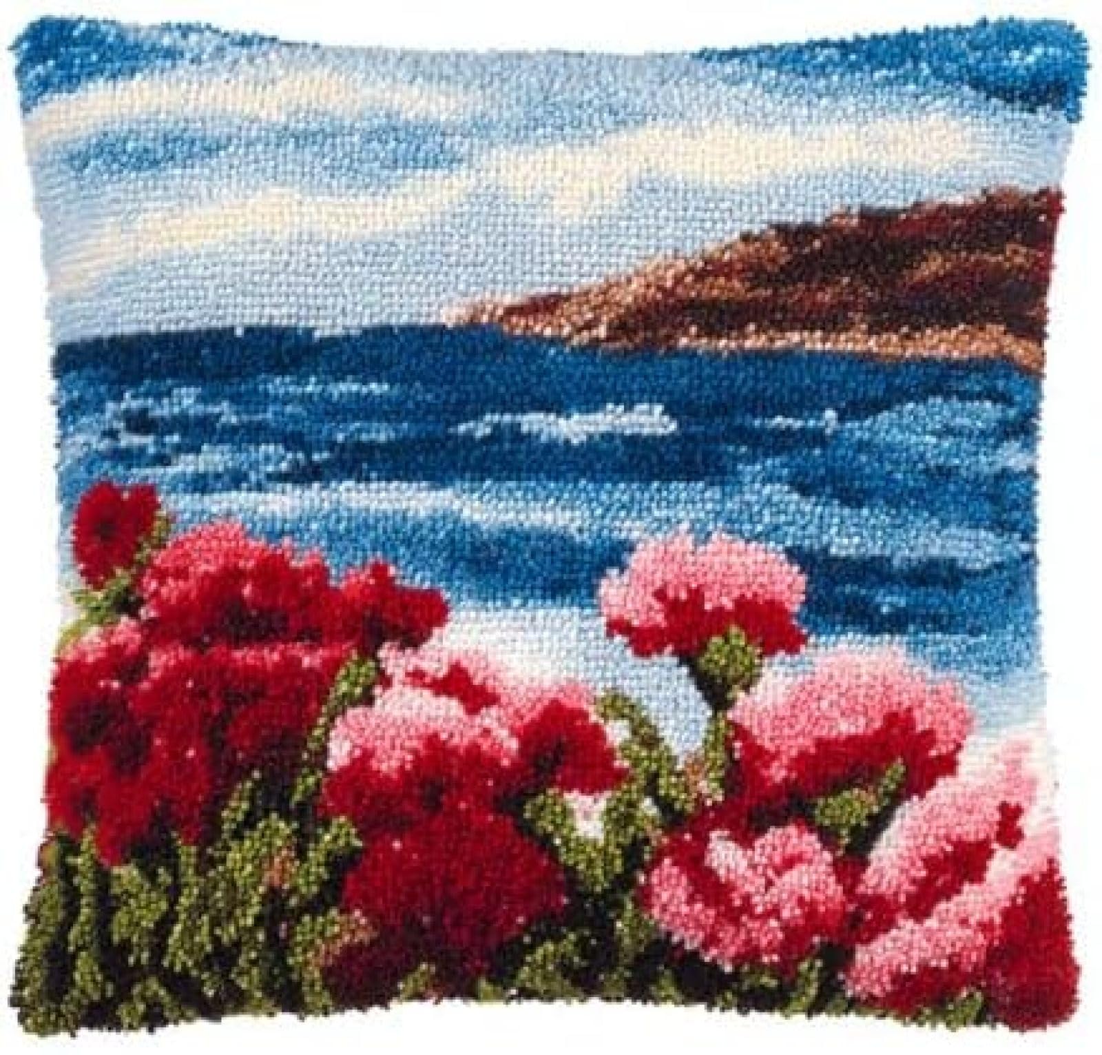 kitphoenix Adults Beginner Latch Hook Craft Kit,Carnation Flowers and Sea,Cushion Cover DIY Set with Printed Canvas and Pre-Cut Yarn,43x43 cm