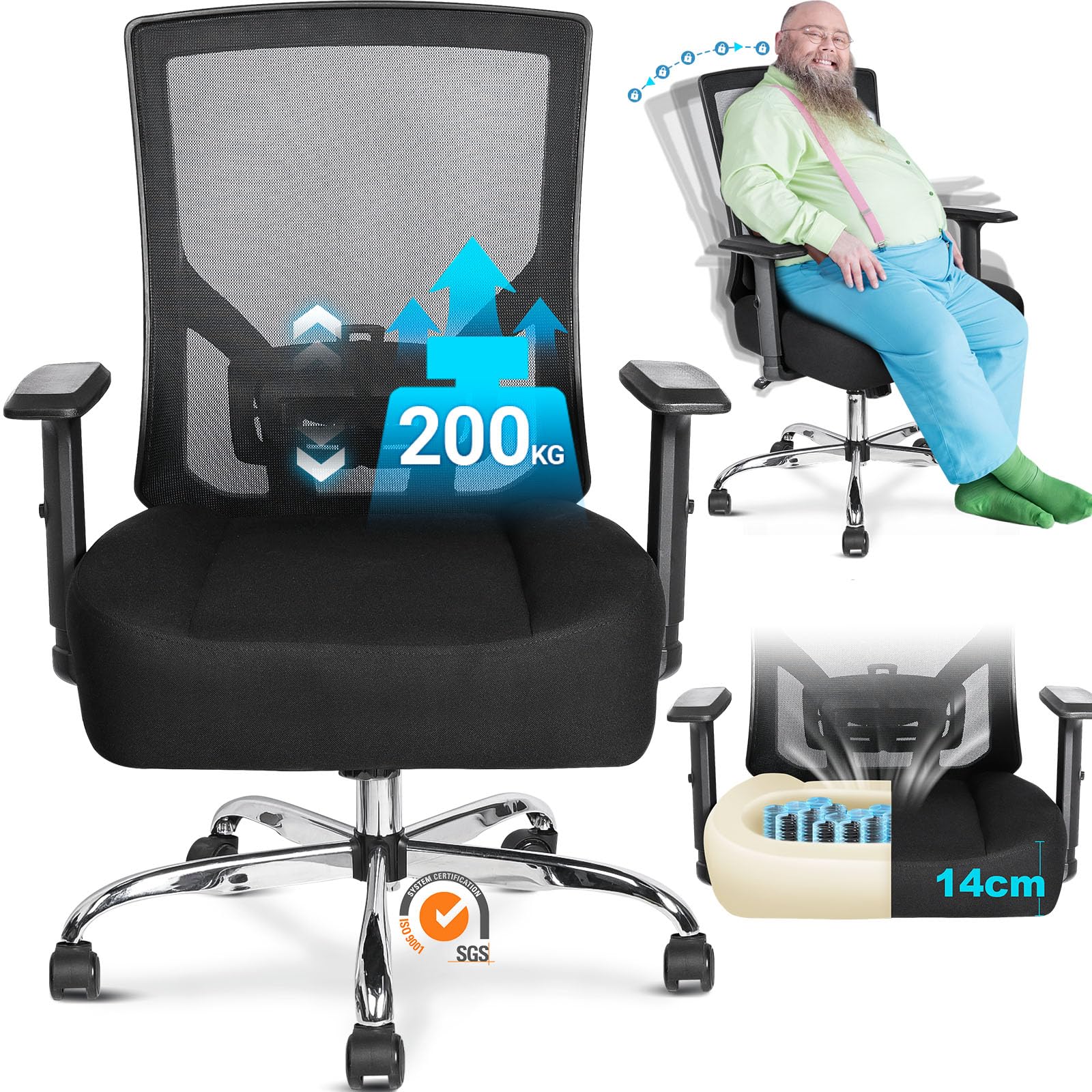 MELOKEA Silla de Oficina 200 KG XXL, Silla Escritorio 200 KG, Cojín de Muelles Extra Ancho y Grueso, Función de Inclinación Continua, Soporte Lumbar y Reposabrazos Ajustables, Silla Ergonómica 200 KG
