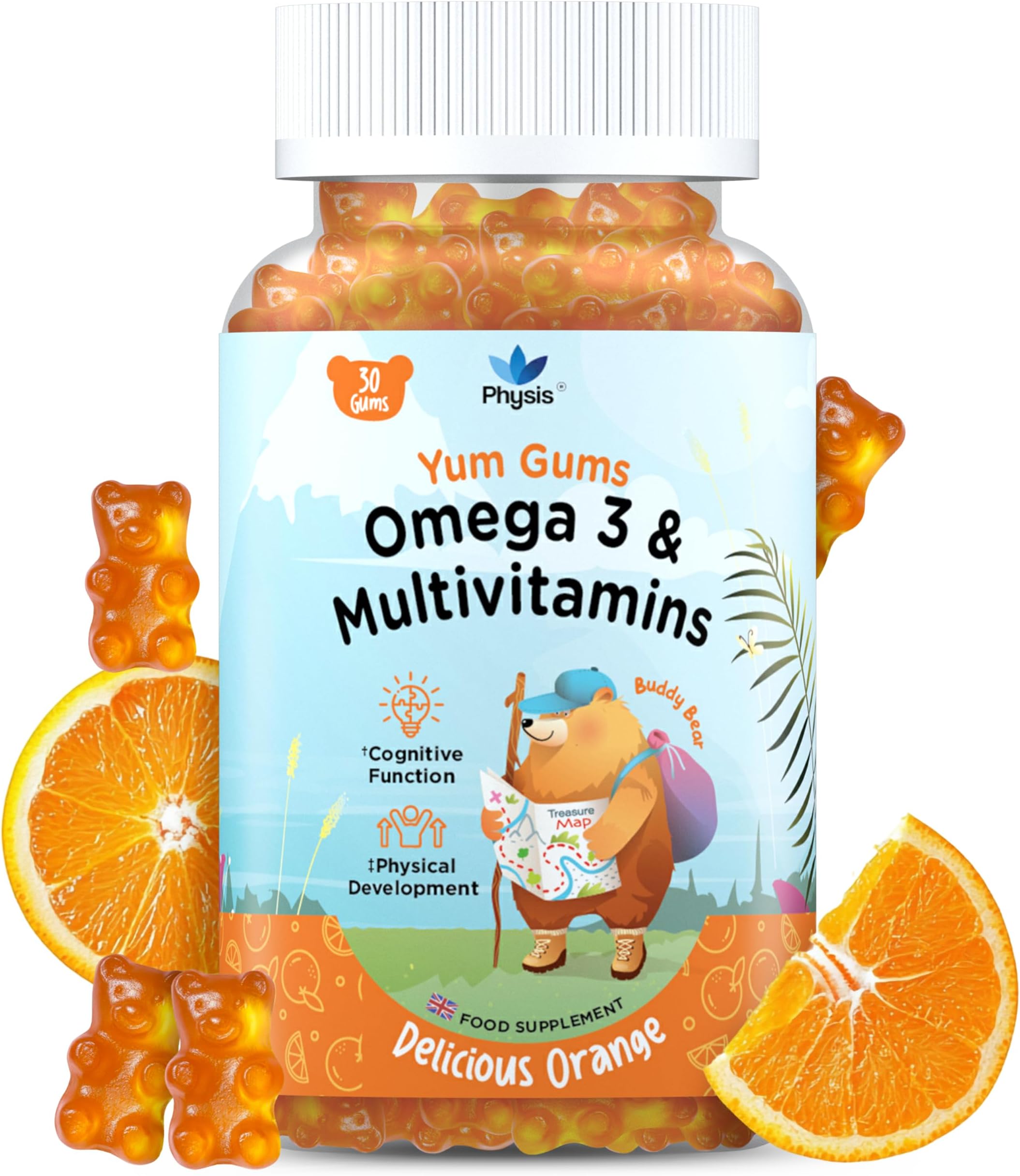 Physis Kids Vitamins & Omega 3 Gummies | Toddler Vitamins Age 2+ | Immunity Development Cognition | Children’s Multivitamins | Kids Gummies | 30 Natural Orange Soft Chews | Yum Gum Hero Buddy Bear