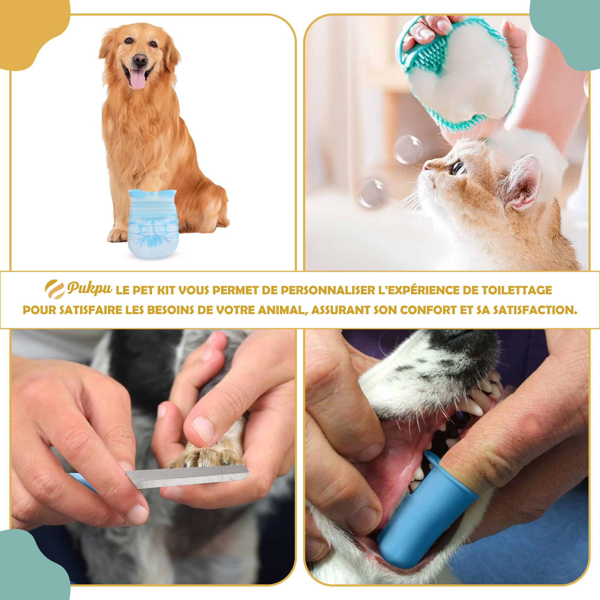 Kit Toilettage Chien Chat 9 Pièces – Brosse Chien, Brosse Chat, Gant Poil, Coupe Ongle, Lave Pattes et Accessoires Toilettage