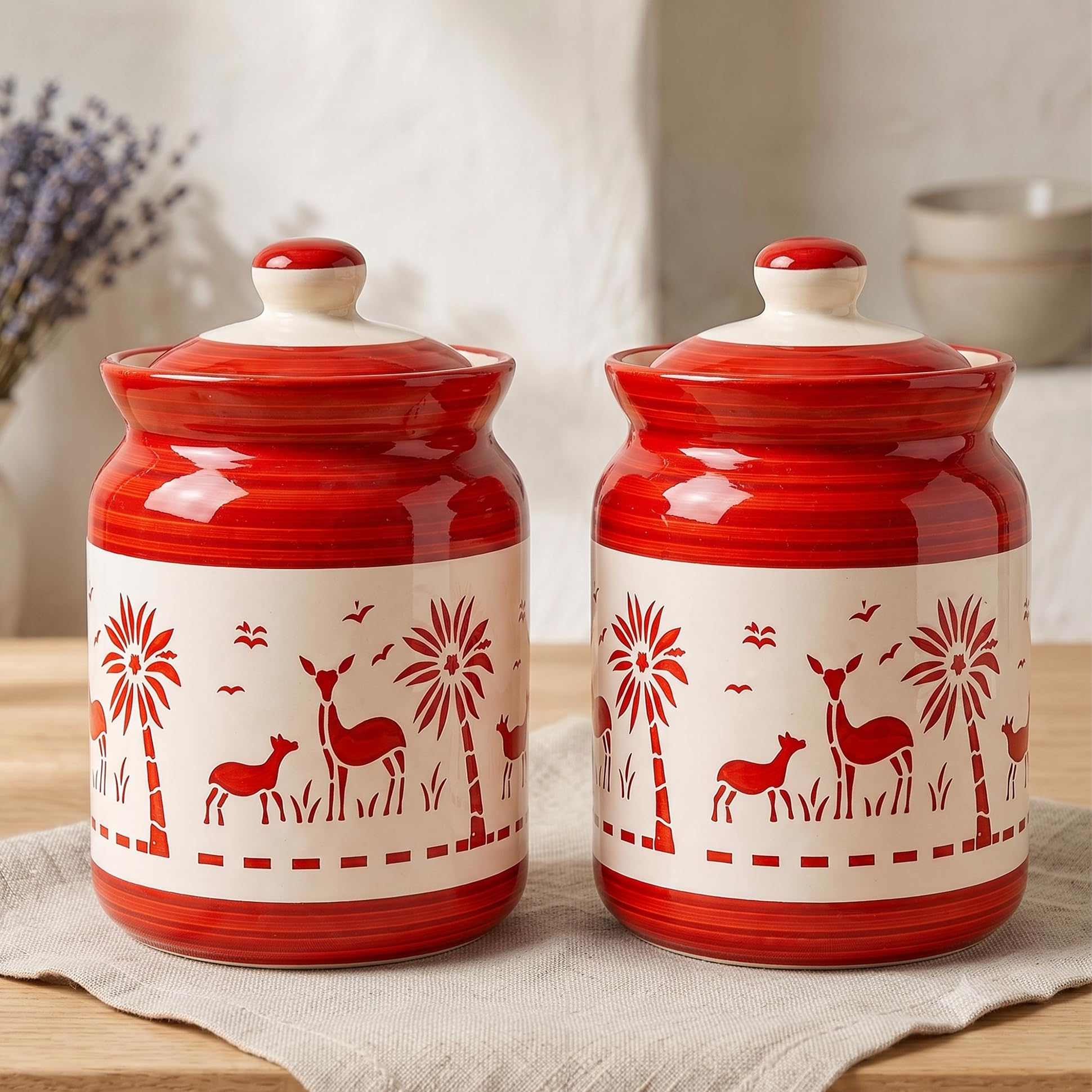 D'Maiolica Ceramic Handmade Pickle Jars in 1000ml (set of 2) | Floral Bale 1 kg Achaar Martban | Ceramic Jadi for Kitchen Storage (Set of 2) | Jars for Achar, Spices, Salt (Blossom Sapphire Aura)
