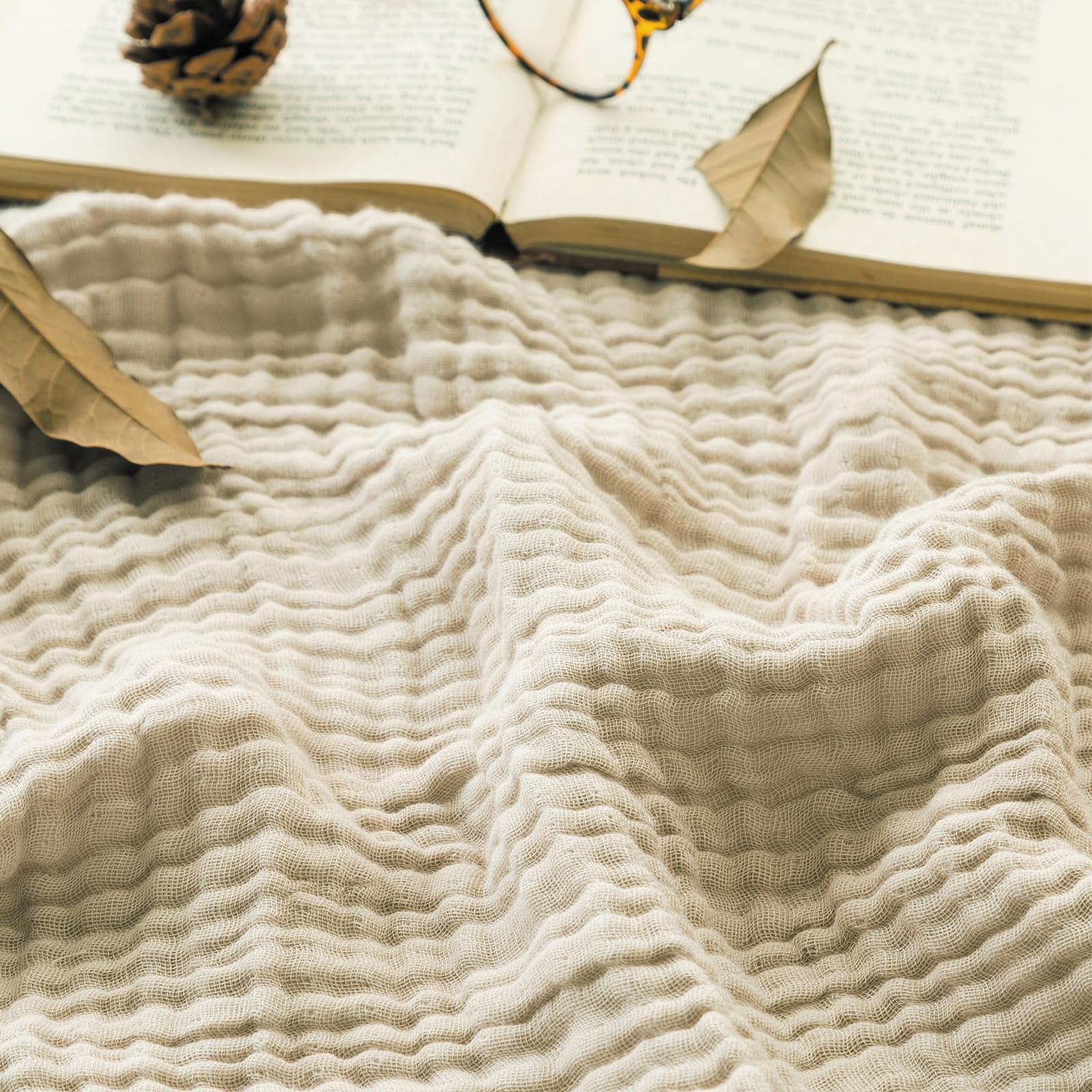 EMME Cotton Muslin Blanket Twin XL - 167x228cm Lightweight Breathable Layering Blanket Bedspread Coverlet All Season Gauze, Light Tan โ image 1