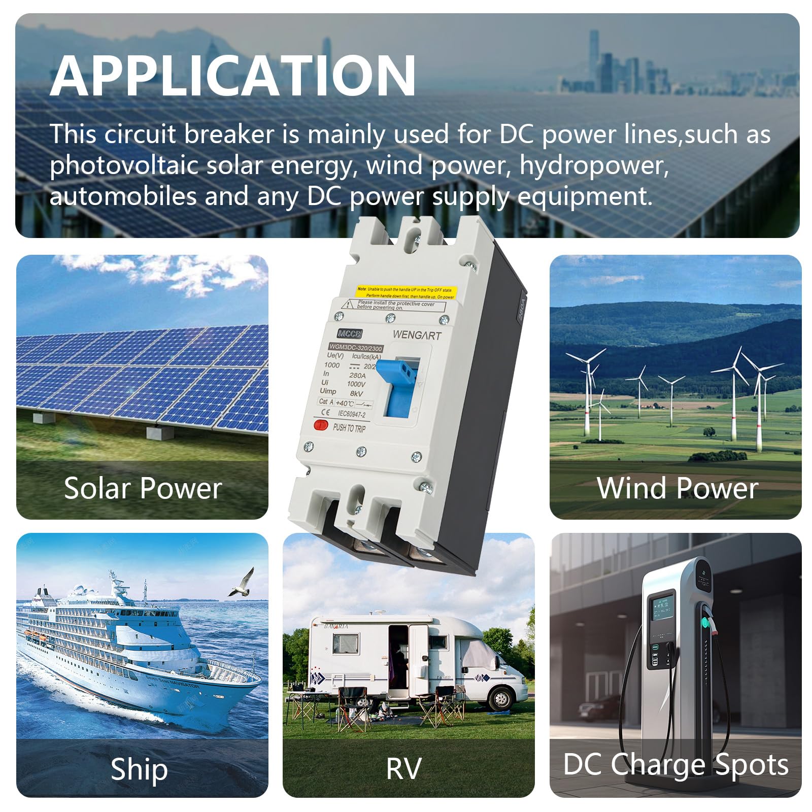 Wengart DC MCCB Kompaktleistungsschalter WGM3DC-320 | 280A 1000V DC | 2-Polig für Gewerbe-Photovoltaik & Großspeicher | Professioneller Leitungsschutzschalter für PV-Anlagen & Industrie