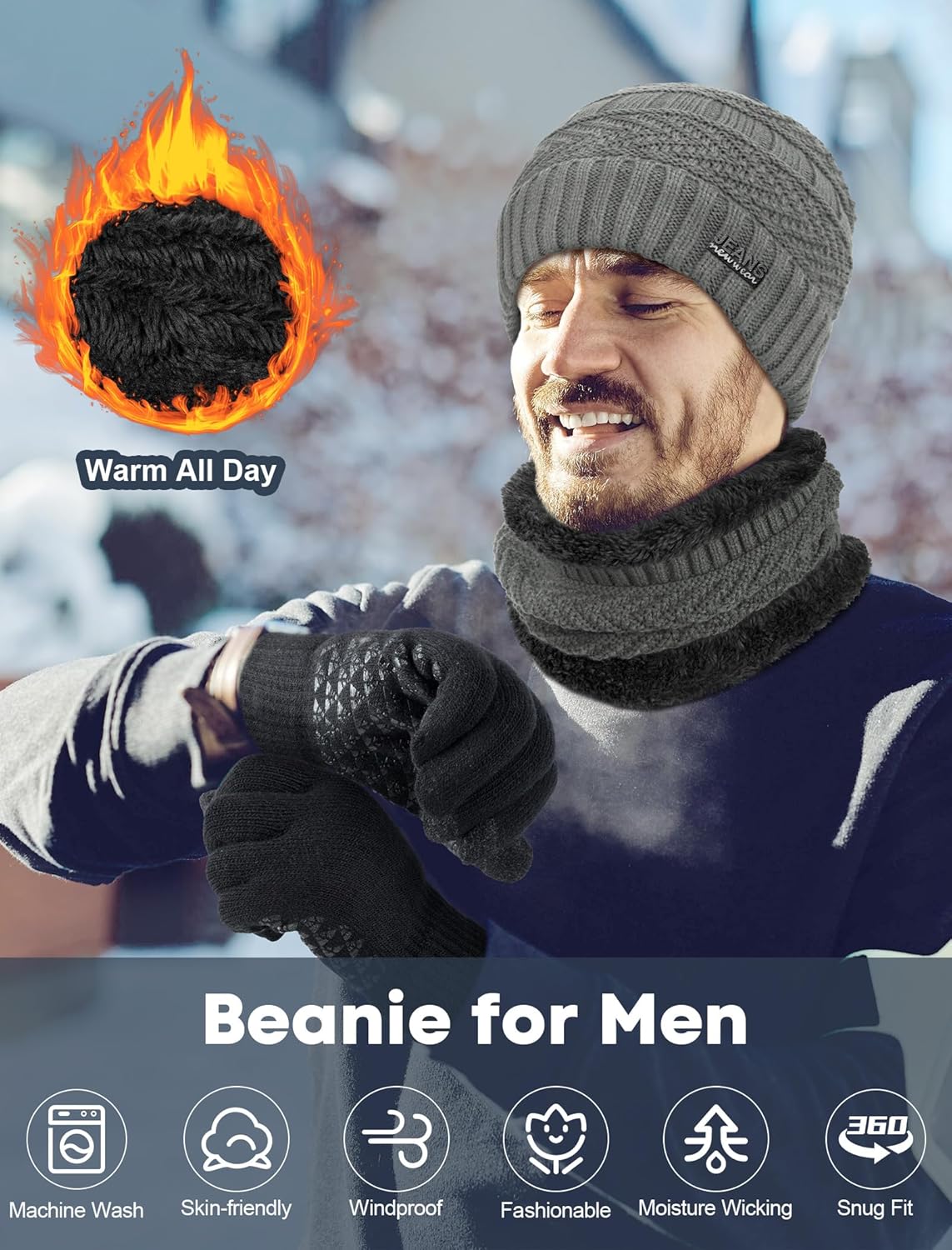 Senker Fashion Winter Beanie Hat Scarf and Touchscreen Gloves Set for Men, Warm Knit Skull Cap with Fleece Lined Gifts - Image 5