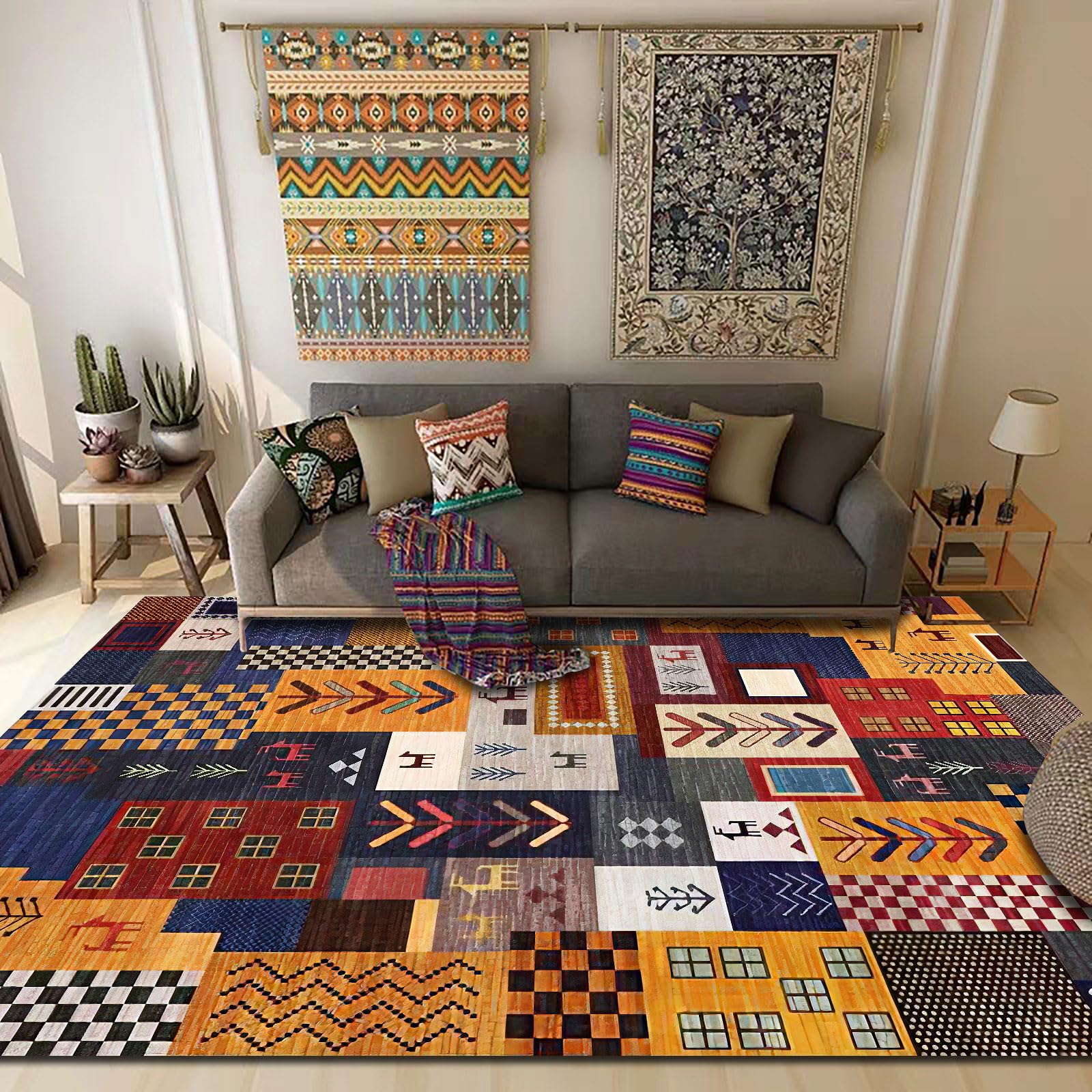 Dywanik o wymiarach 1,6 x 2 m, duży dywan, 160 x 200 cm, zmywalny, do salonu, estetyczny, akcesoria do sypialni, dywan, geometryczny, tradycyjny, pomarańczowy