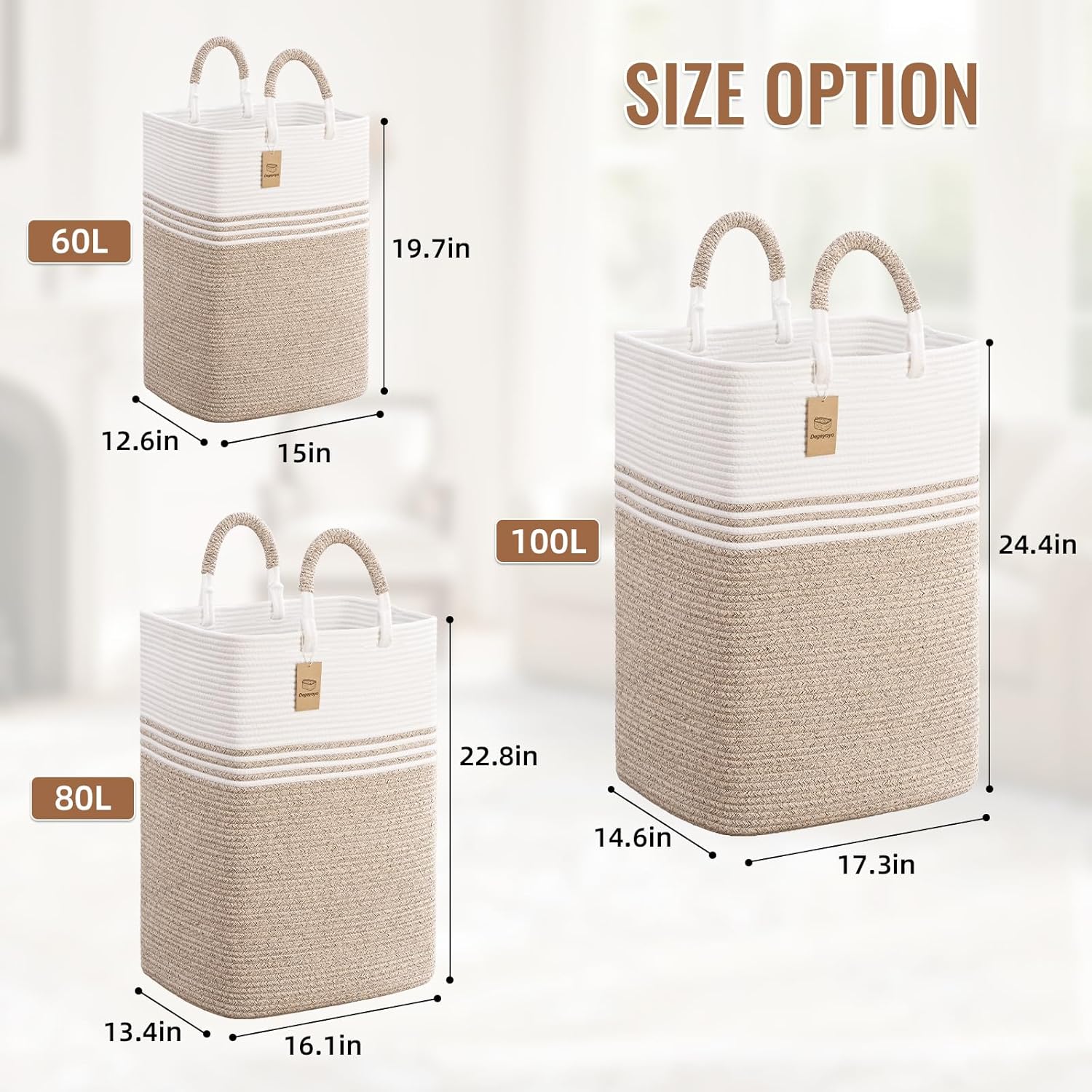 Laundry Basket Hamper,Blanket Storage,Dirty Clothes Hamper with Swivel Handles,Woven Cotton Rope Toy Baskets,Blanket Basket Living Room,Decorative Hampers for Nursery,Bedroom,White & Linen,60L - Image 5