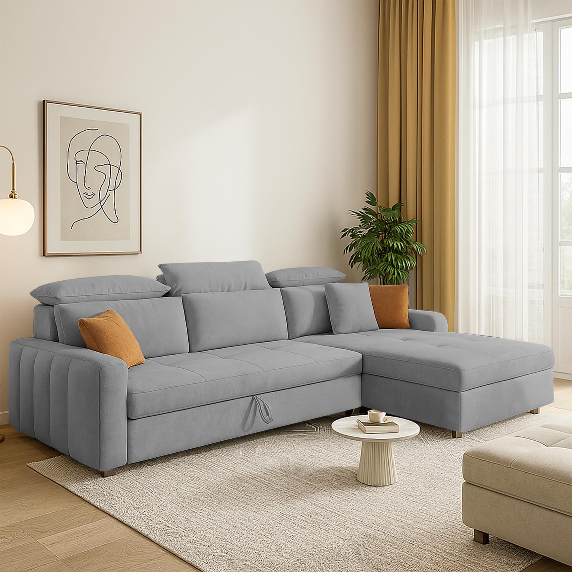 Casaliving Gagnon RHS 4 Seater L Shape Corner Sofa Cum Bed for Living Room (Grey Fabric) Premium Fabric Sofa