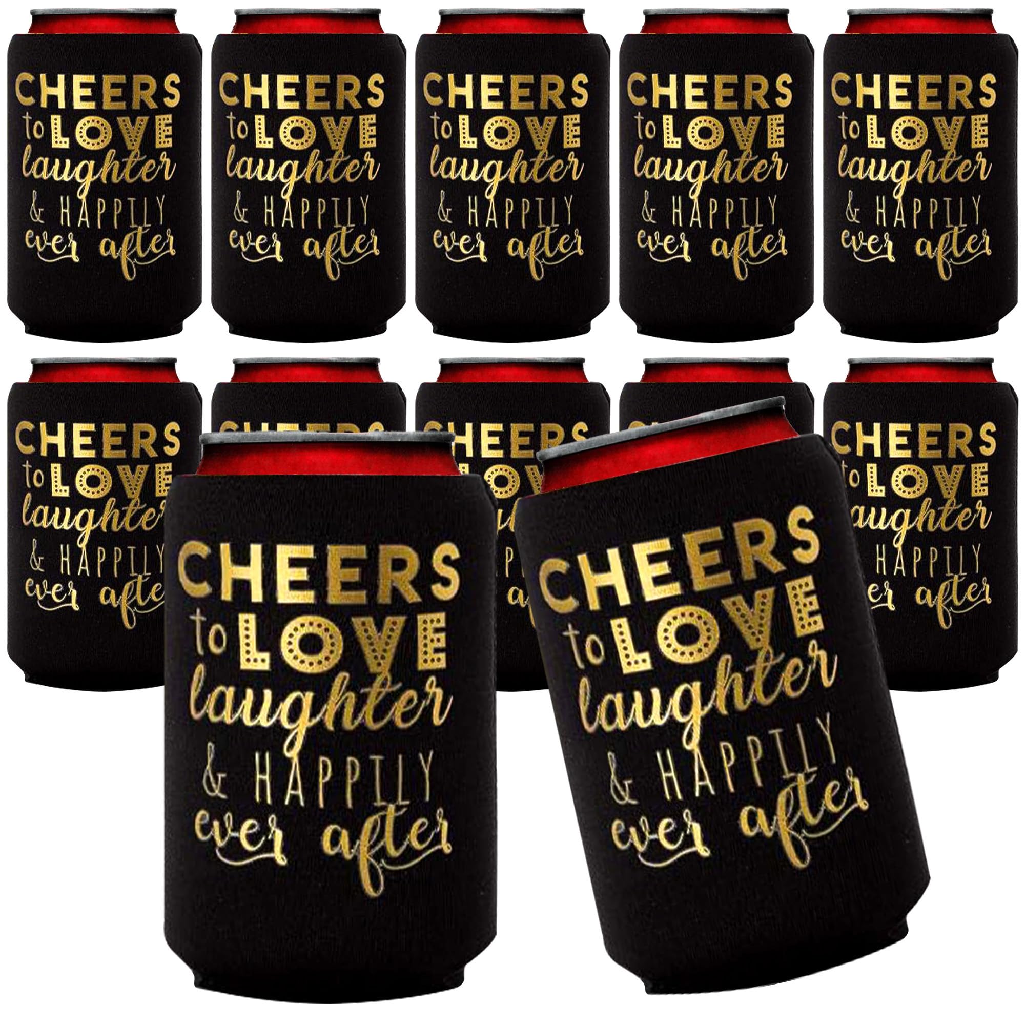 Wedding Can Cooler Decorations Set of 12 - Cheers to Love Laughter and Happily Ever After, Wedding Rehearsal Dinner Decorations - Bridal Showers,