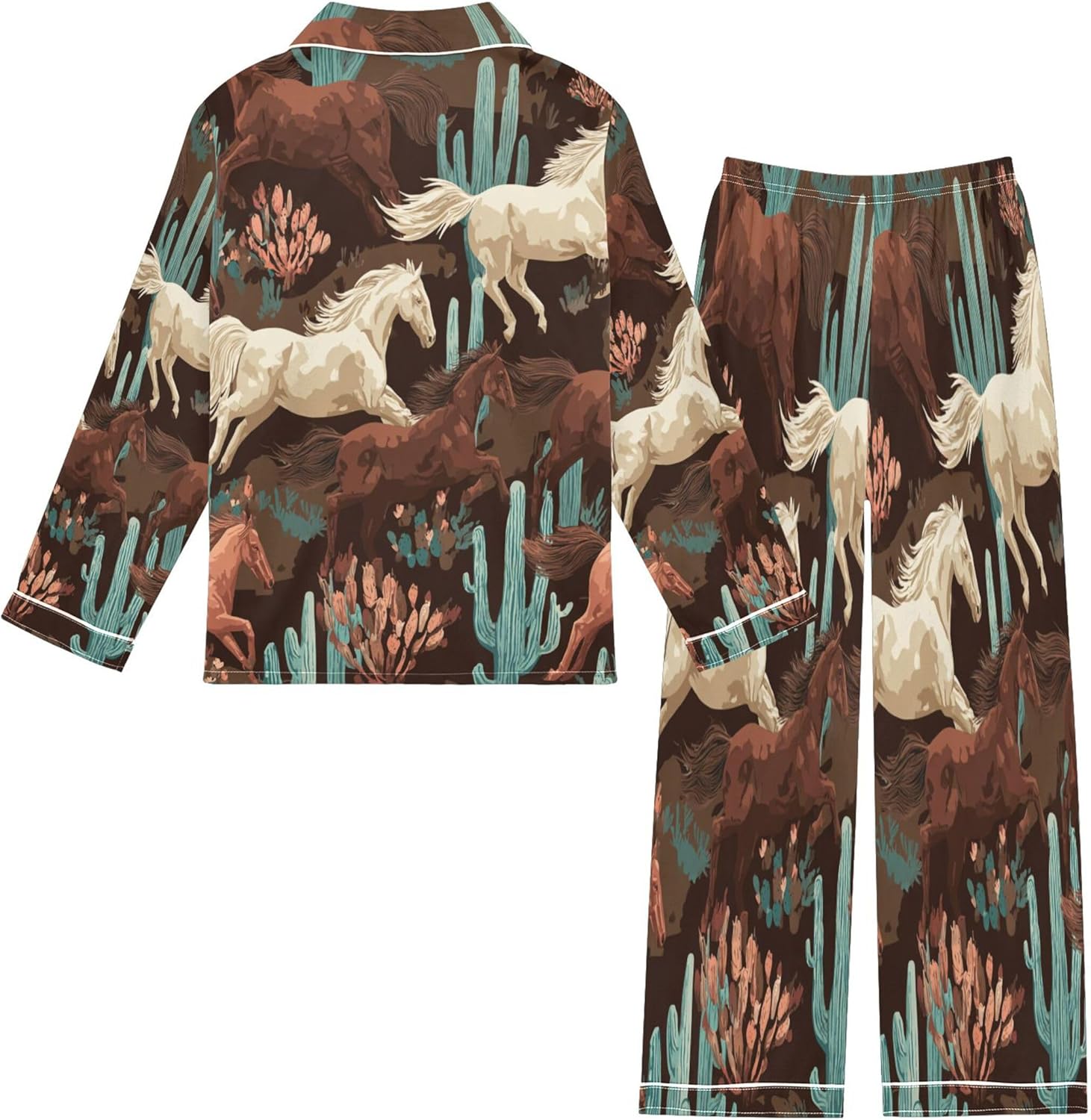 Horses Running Satin Pajama Set Long Sleeve Pajamas Silk Sleepwear 2 Piece Pjs for Girls Boys, Size 13-14 Years Multicolor
