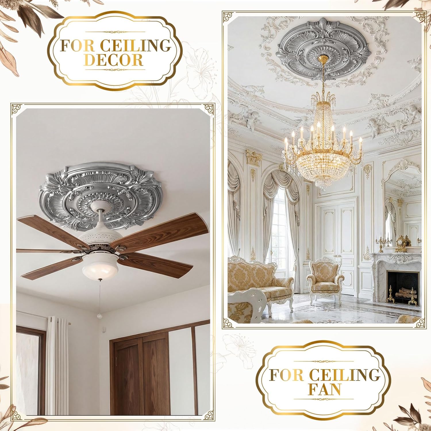 Leinuosen 26" OD x 2"ID Lighting Ceiling Medallion PU Decorative Ceiling Fan Chandelier Medallion Round Large Cover Plate French Retro Silver Decoration for Home Light Fixtures Decorative