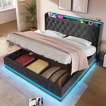 Ball & Cast King Size Linen Hydraulic Storage Upholstered Bed with 360 Surround LED,Multifunctional Bed Frame w/USB Type-C Charging,Classic Tufted Design Headboard,Gray