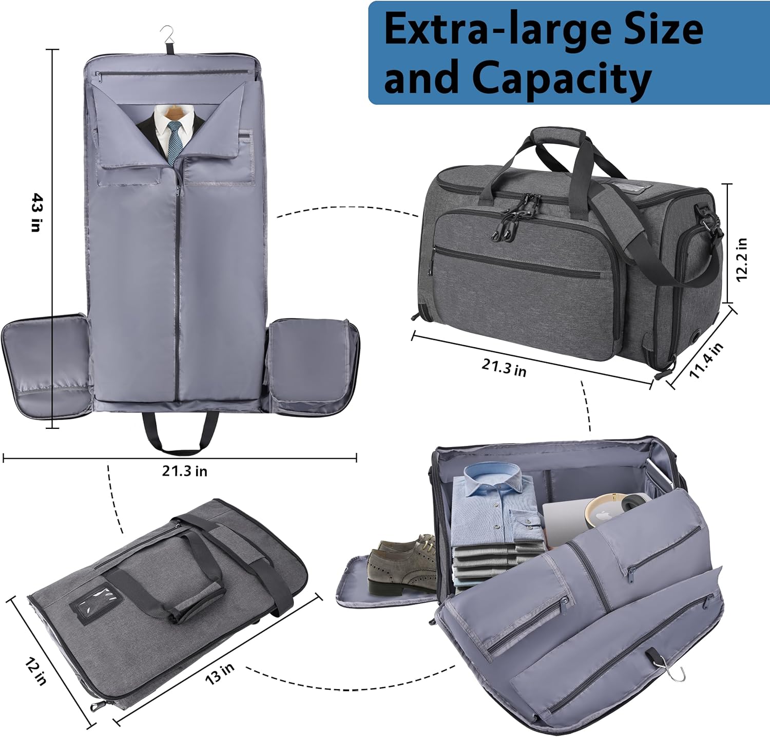 Garment Duffle Bags for Travel, YKK Zippers Carry On Convertible Suit Bag with Waterproof Compartment & Shoe Compartment & Shoulder Strap - Image 6