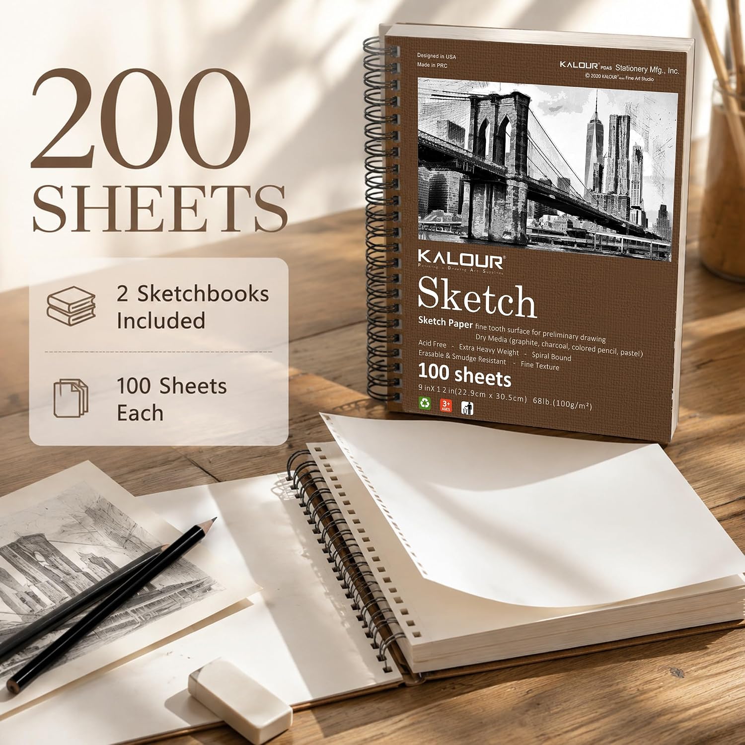 KALOUR Sketch Book 9" x 12", 2 Packs 100 Sheets Each, Art Drawing Pad