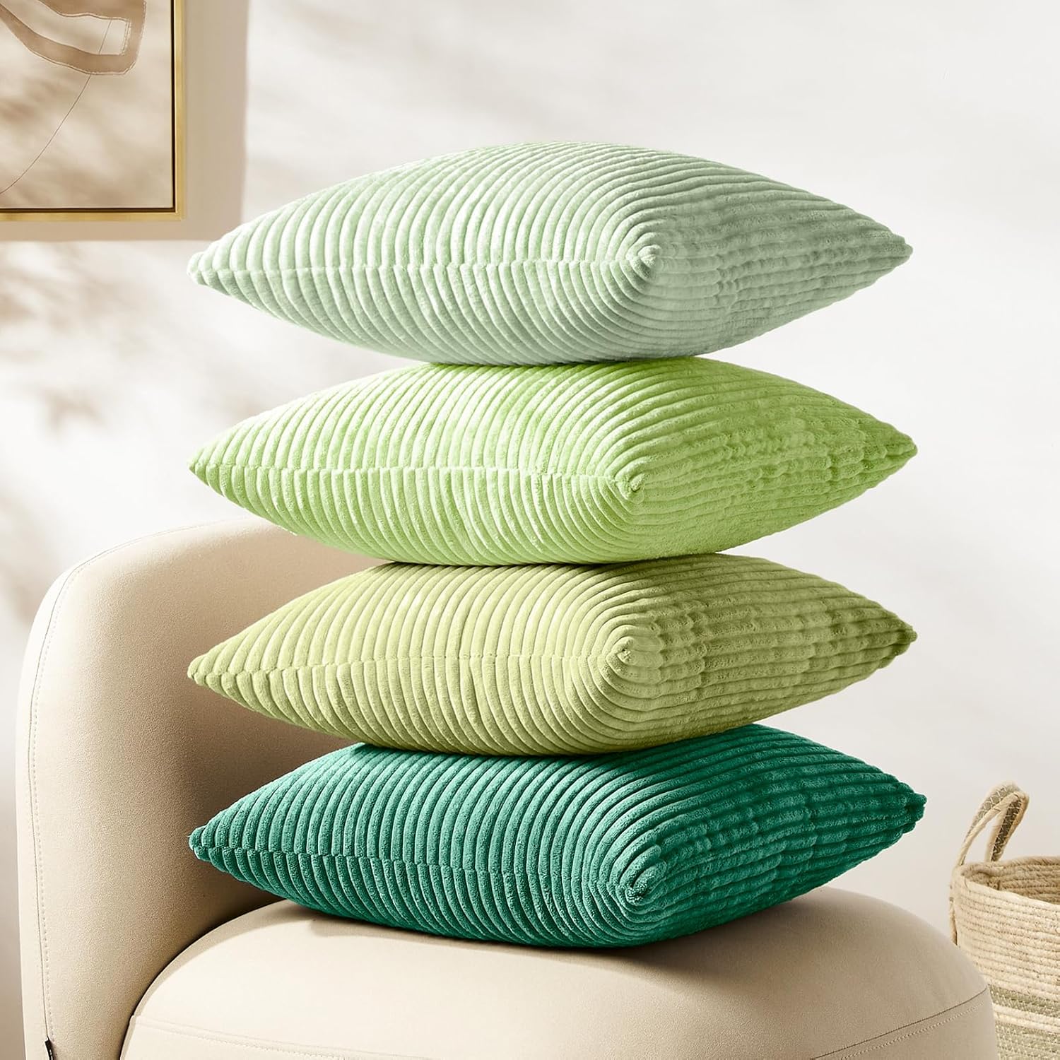 Softalker Decorative Throw Pillow Covers 18 x 18, Set of 4, Soft Corduroy Solid Striped Pillow Cover, Modern Decor Cushion Pillow Cases for Couch Sofa Bedroom Living Room, Green/Sage Green
