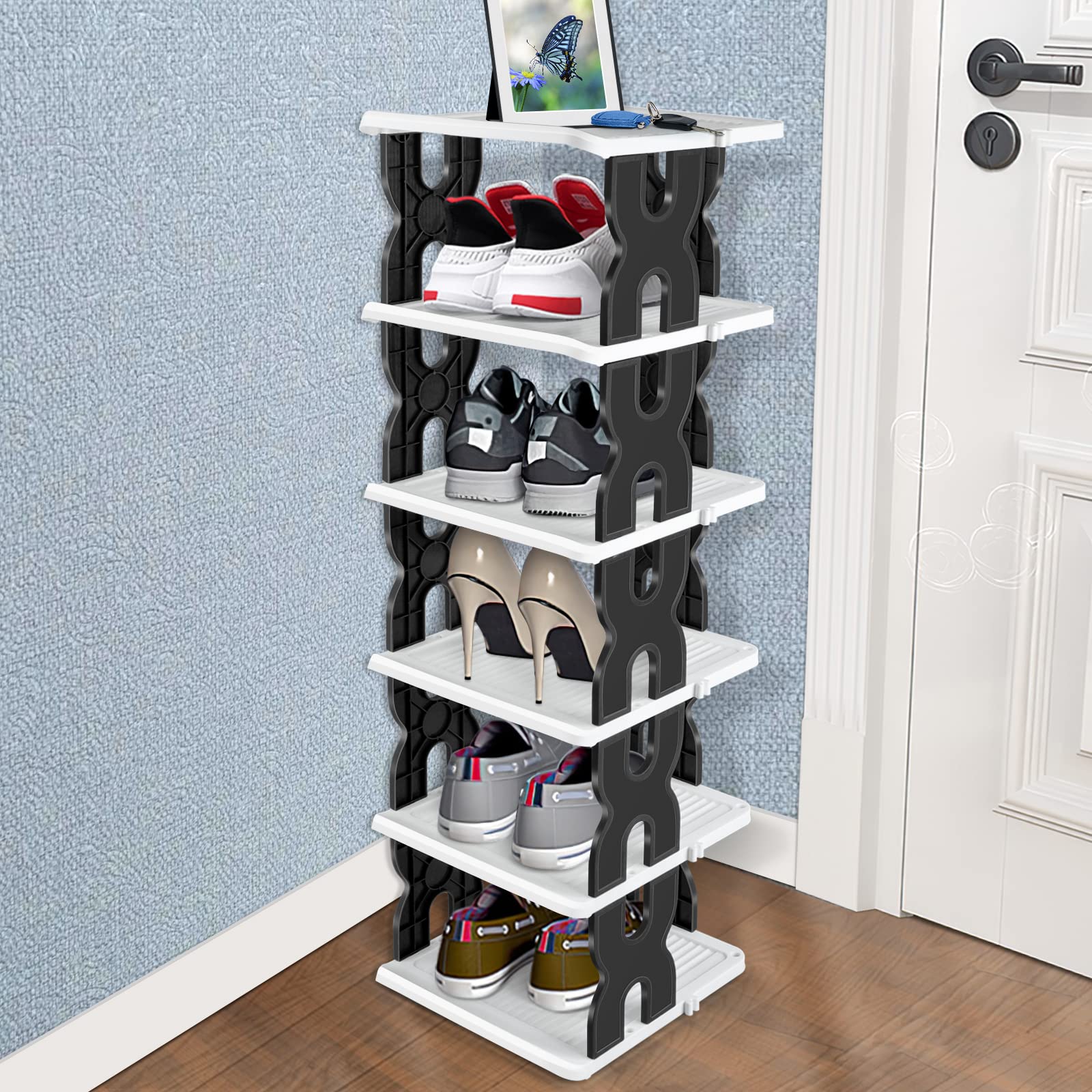 Buy 6 Tier Narrow Shoe Rack, Small Vertical Shoe Stand, Space Saving DIY Free Standing Shoes