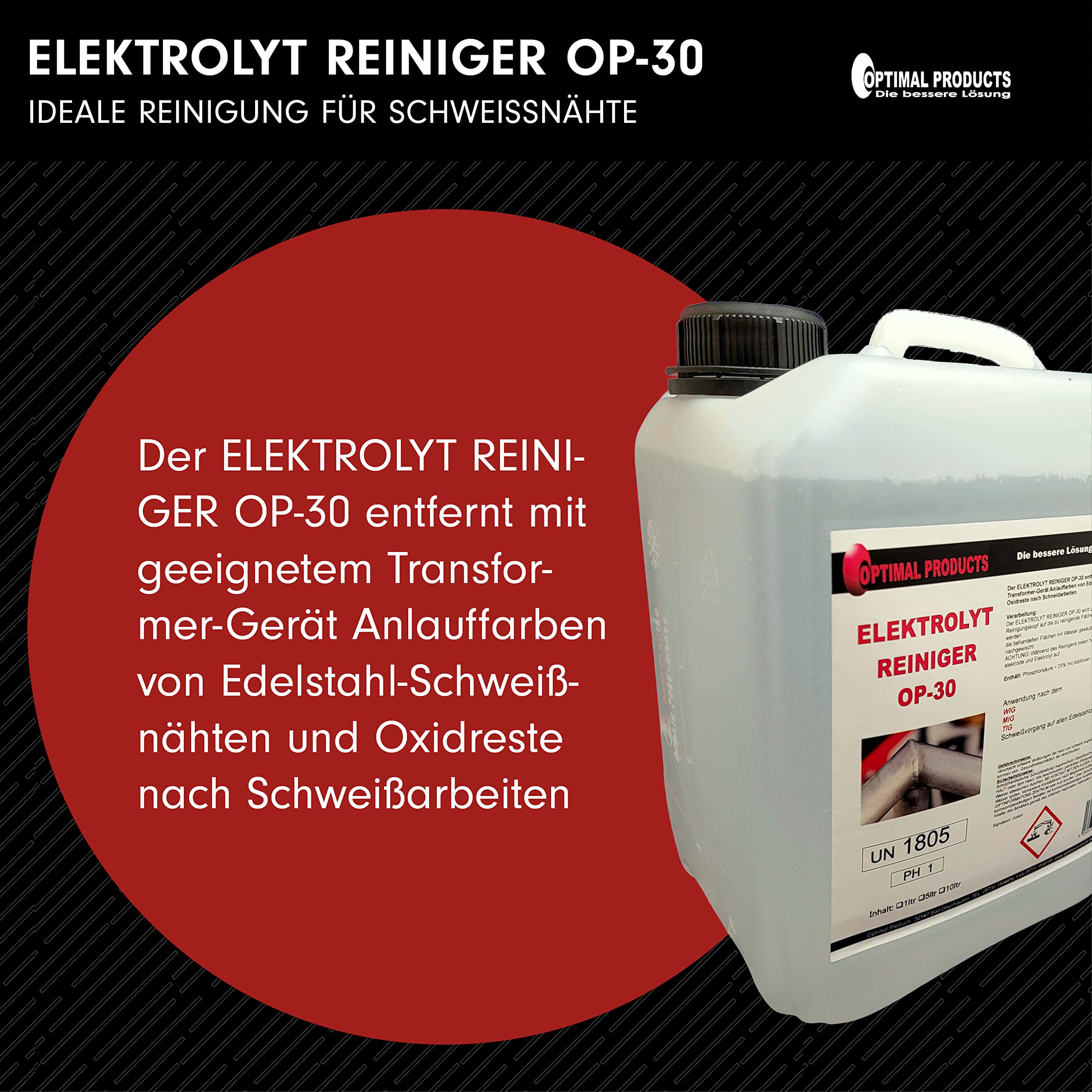 Optimal Products Elektrolytreiniger OP-30 I Zum Edelstahl beizen I Abbeizer für Lack Metall I Nach WIG MIG TIG Schweißen I Edelstahl Politur I 5L