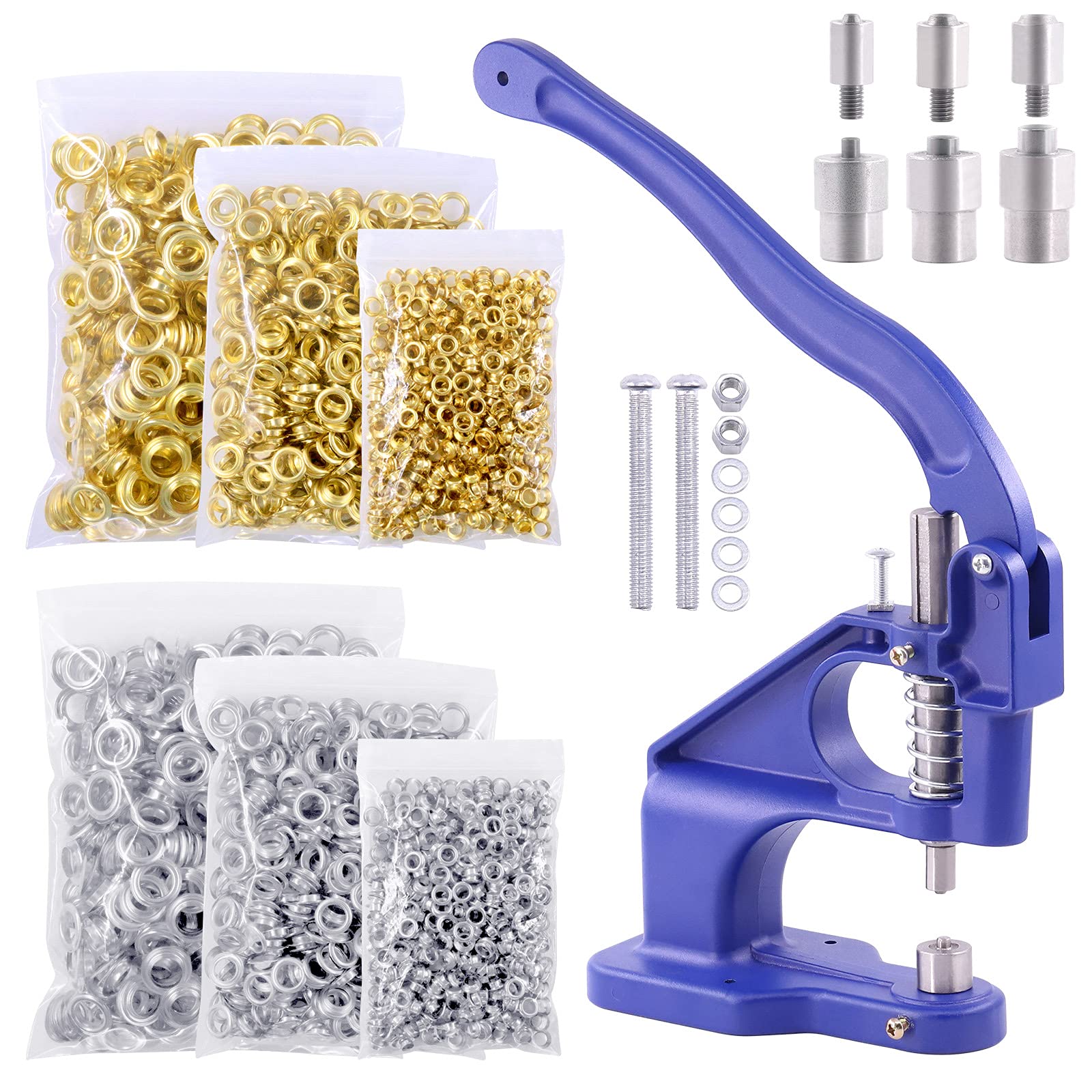 Wokape 3004Pcs Blue Hand Press Grommet Machine Grommets Eyelet Tool Kit, with 3 Die (#0#2#4) Handle Cover 3000 PCS Grommets, Installation Tools for Grommets Eyelet Hole Tool