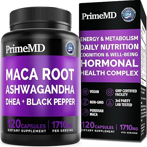 Miniatura 10 de Cápsulas 6 en 1 de Ashwagandha de raíz de maca orgánica de 1710 mg con DHEA y extracto de fruta de pimienta negra para mujeres y hombres, suplemento