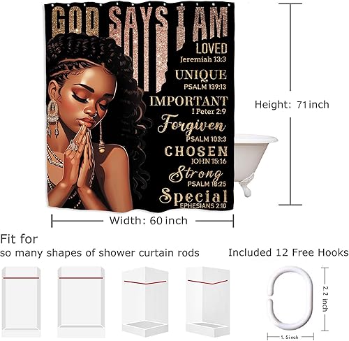 Miniatura 9 de Yookeb Cortina de ducha de baño con flores negras para mujer, Biblia afroamericana, motivacional, citas positivas, 60 pulgadas de ancho por 71