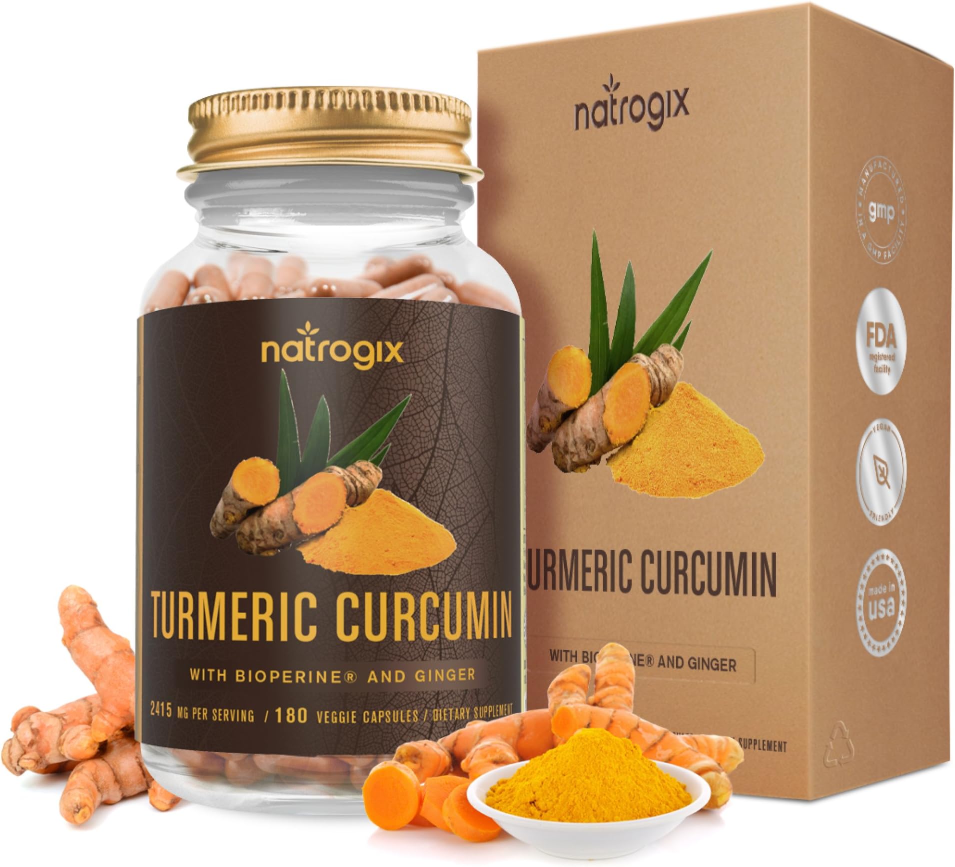 Turmeric Curcumin with Bioperine & Ginger 2415mg/Serving 180 VCaps by Natrogix - Best Vegan Joint Pain Relief, Anti-inflammatory, Antioxidant with 95% Standardized Curcuminoids Supplement/Free E-Book