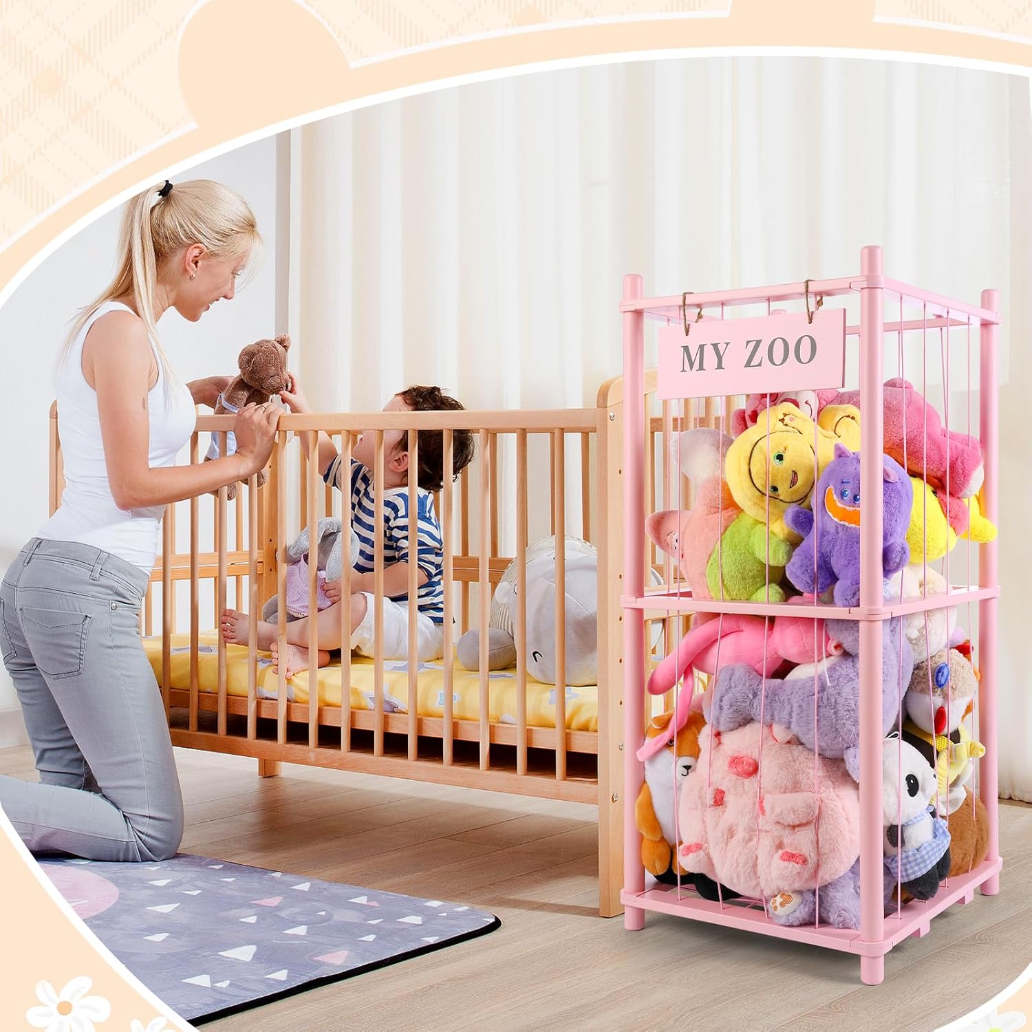 Stuffed Animal Storage Zoo, Wooden Stuffed Animal Organizer with Elastic Cords for Boys Girls, Space Saving Toy Plushies Storage Holder for Playroom, Bedroom, Living Room (Pink, Small)