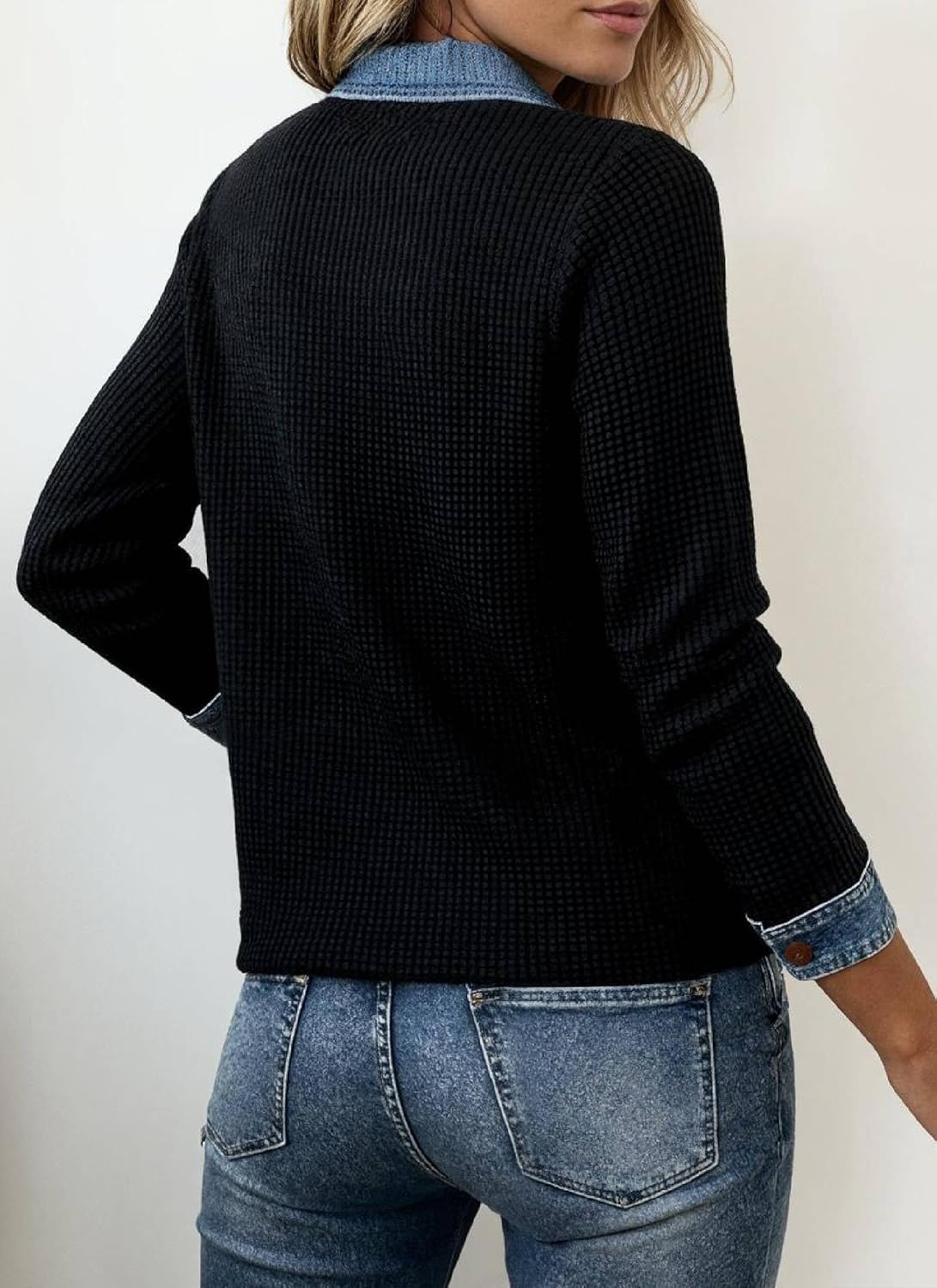 CBZDJX Women's Waffle Knit Top with Denim Collar Cuffs Button Front Long Sleeve Pullover Casual Office Outfits - Image 4