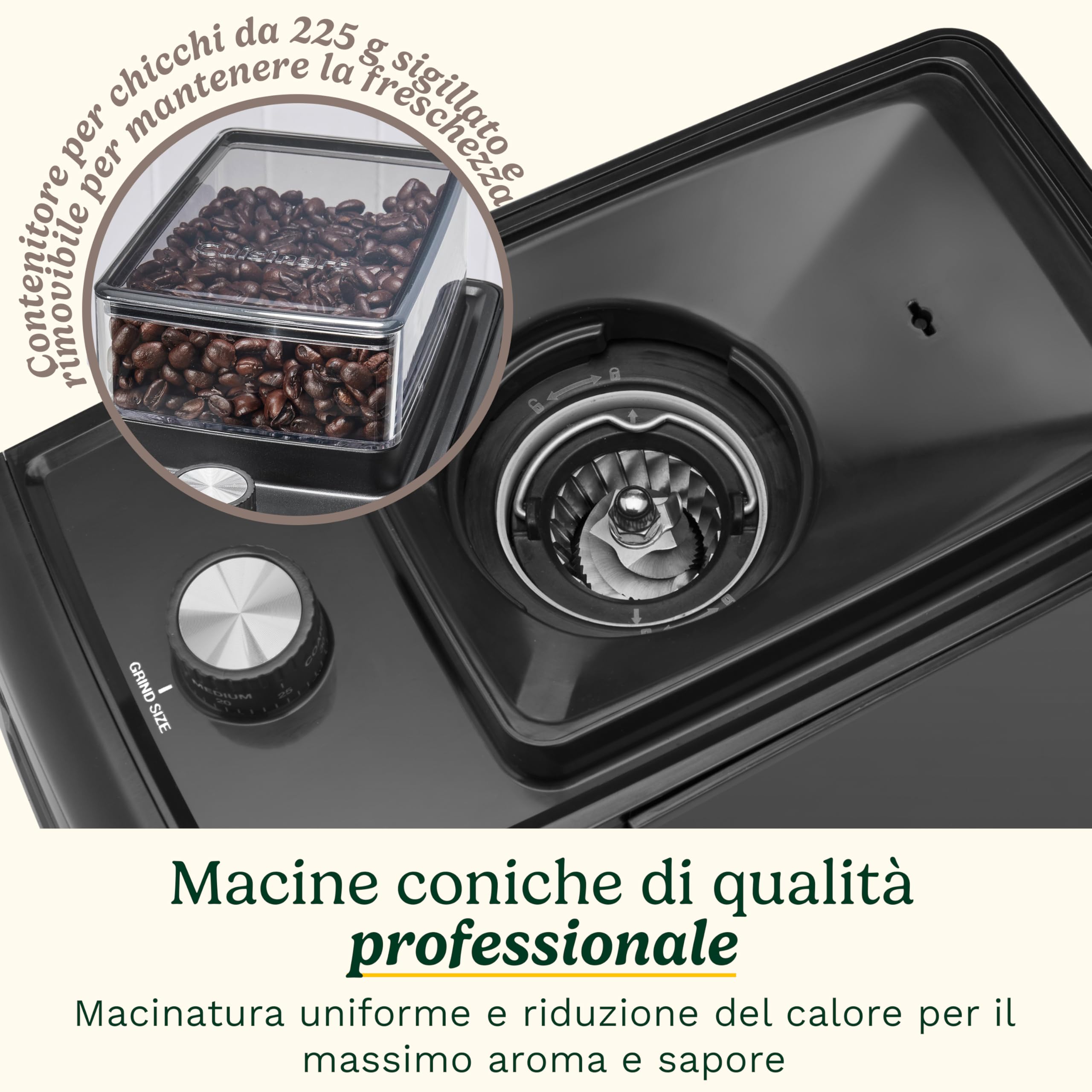 Cuisinart Macinacaffè elettrico ed espresso a macine coniche | 35 impostazioni | Contenitore 225 g | Compatibile portafiltro | Selettore 1–14 tazze | Include misurino e spazzola