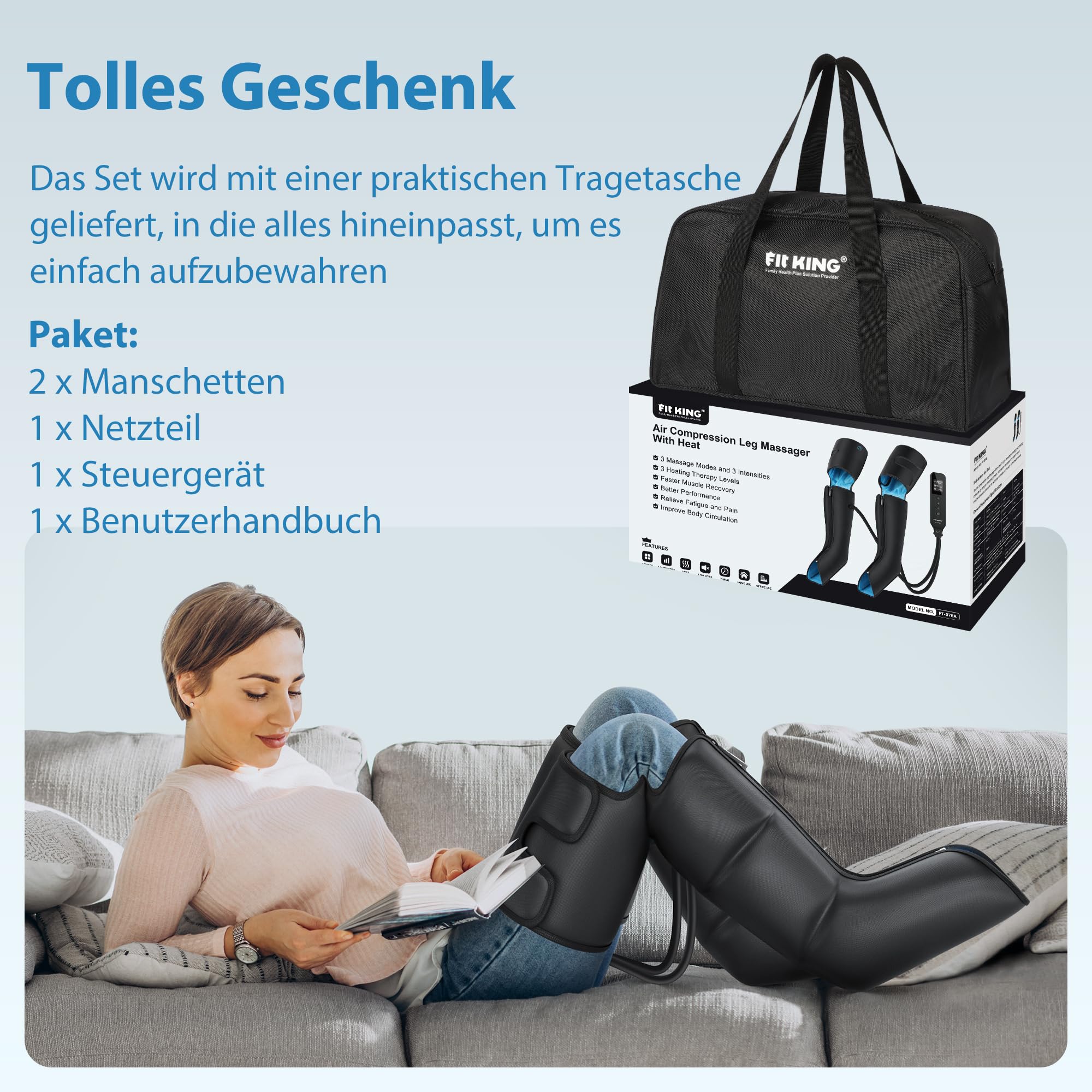 FIT KING 3-in-1 Beinmassagegerät mit Wärme & Kompression - Luftdruck-Massage für entspannte Beine, 3 Heizstufen, 3 Massagemodi | Beinkompressionsmaschine für Fuß, Wade & Oberschenkel, 3 Intensität & 3 Modi