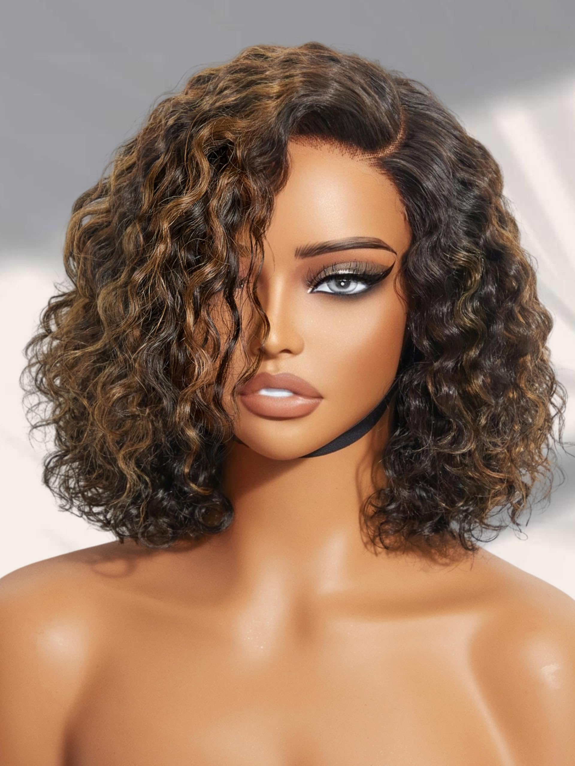 LUVME HAIR Mix Color Highlight 10 Inch Curly Wig, Glueless HD Lace Wigs Human Hair Pre Plucked Pre Cut, Curly Bob Wig Human Hair Short Wig with Blonde