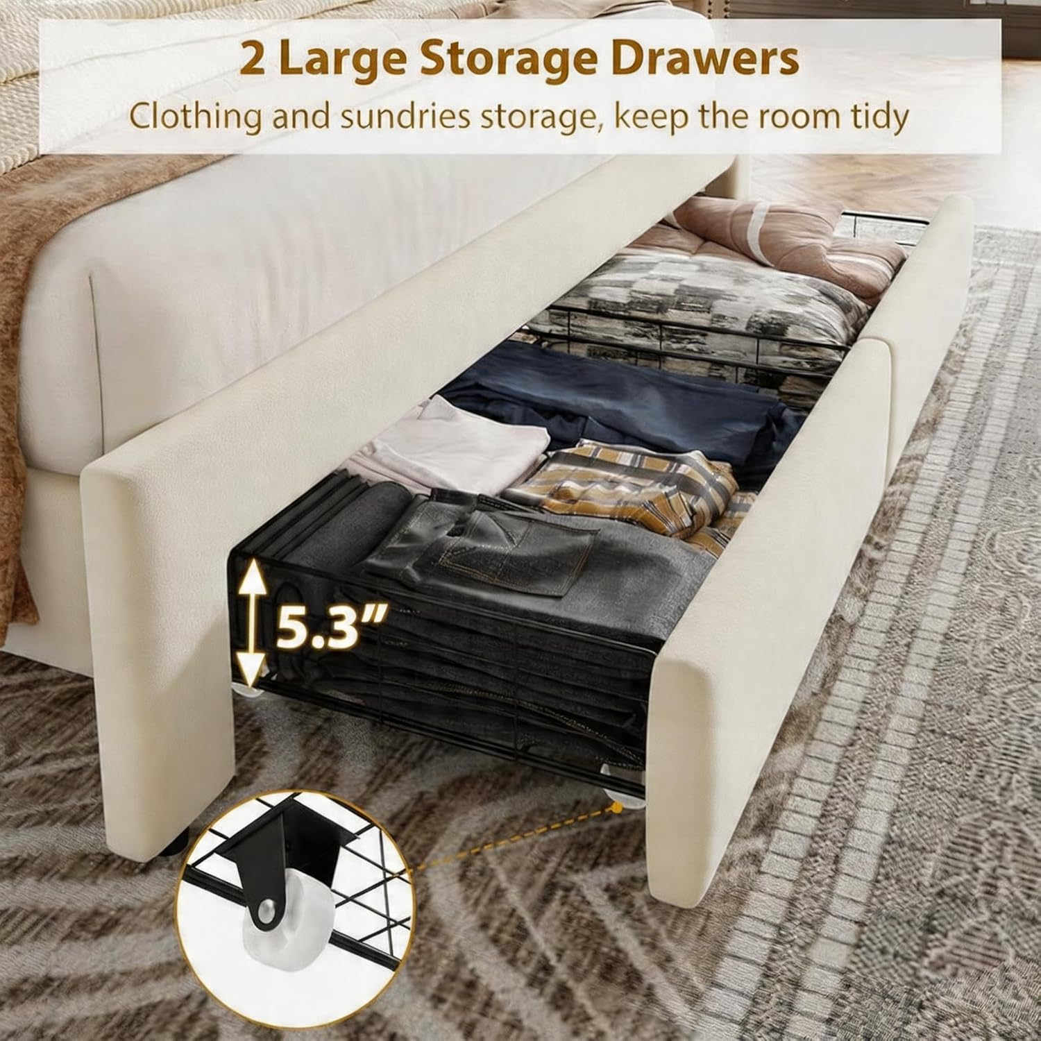 GarveeHome Queen Size Bed Frame with Storage Drawers — Velvet Upholstered Platform Bed with Vintage Headboard, Wooden Slat Support, Noise-Free, No Box Spring Needed, Beige