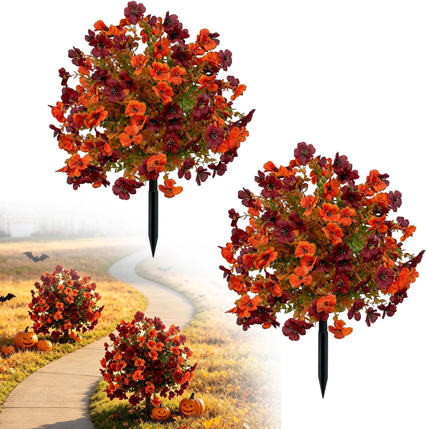 2 Pack Fall Artificial Topiary Ball Trees, UV Resistant Artificial Outdoor Shrubs with Ground Spike, Fake Autumn Flower Bushes, Outdoor Artificial Plants for Thanksgiving Harvest Decor (Red, Orange)