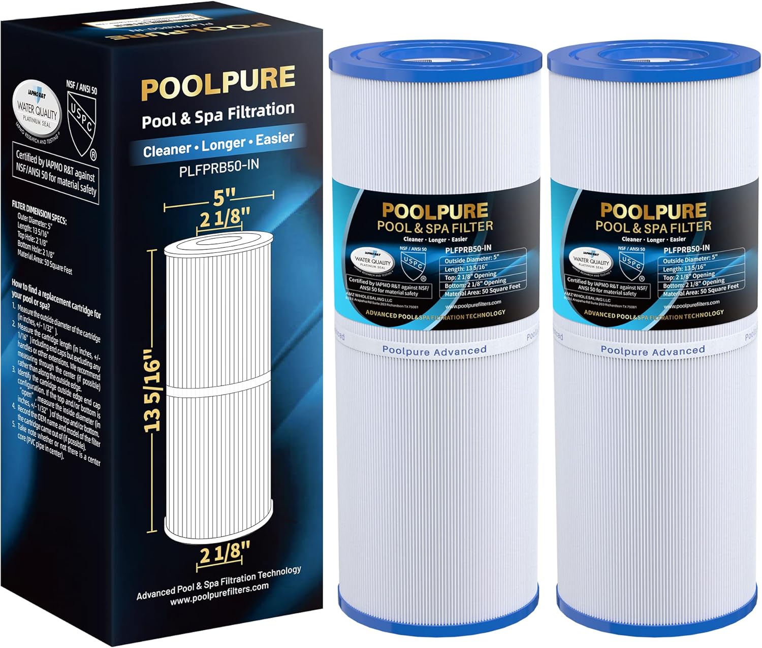 POOLPURE PLFPRB50-IN Spa Filter Replaces Pleatco PRB50-IN, PRB50IN, Unicel C-4950, Filbur FC-2390, Jacuzzi J210/J220/J235/J245/J275, Guardian 413-212-02, 373045, 5X13 Drop in Hot Tub Filter, 2 Pack