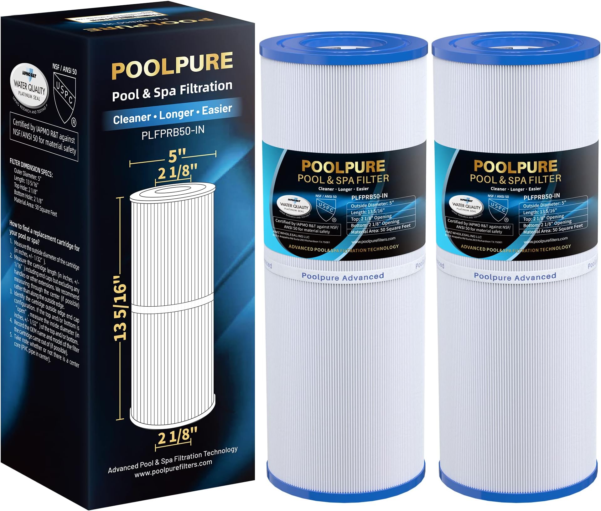 POOLPURE PLFPRB50-IN Spa Filter Replaces Pleatco PRB50-IN, Unicel C-4950, Filbur FC-2390, Jacuzzi J210/J220/J235/J245/J275, Guardian 413-212-02, 373045, 817-5000, 5X13 Drop in Hot Tub Filter, 2 Pack