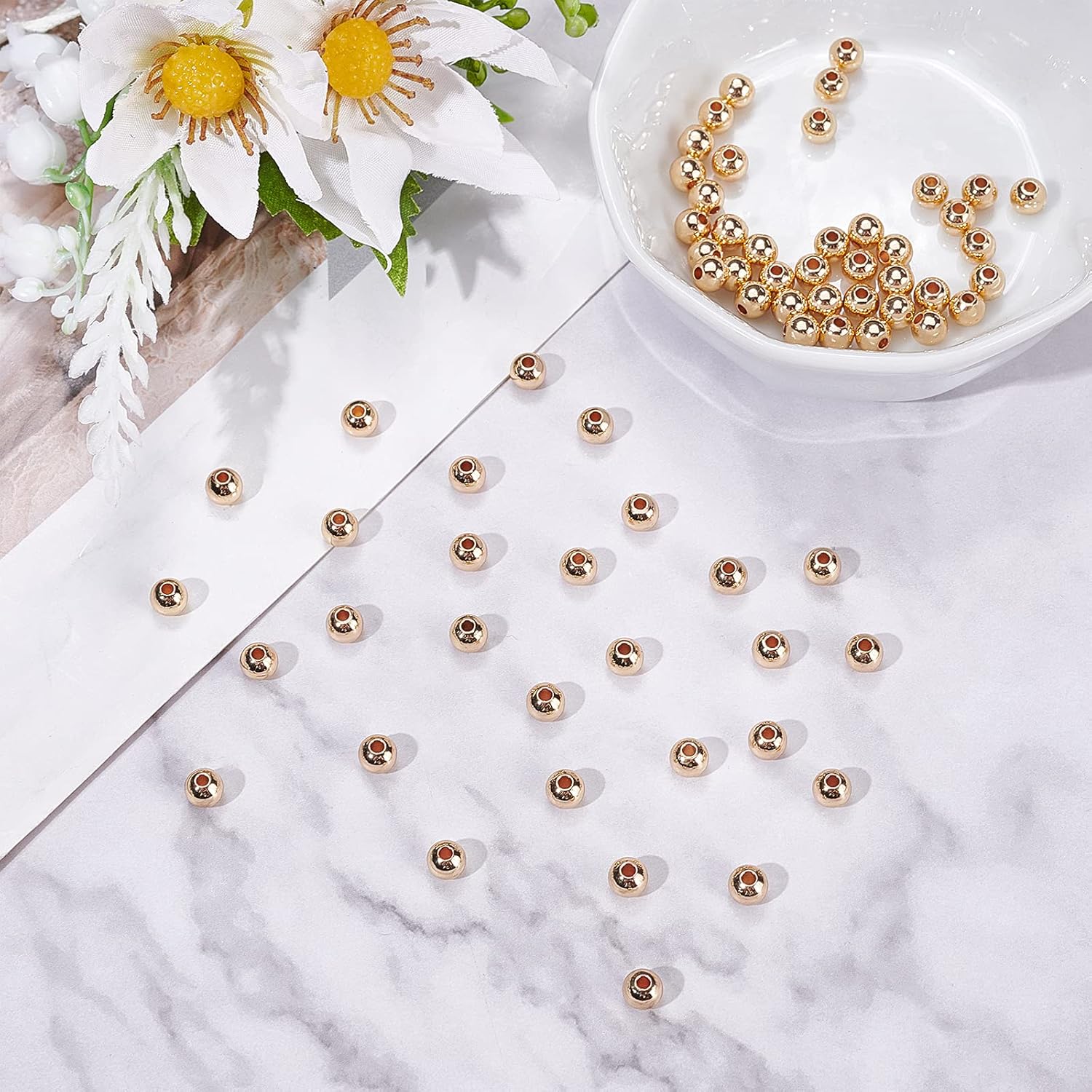 PH PandaHall 5mm 14K Gold Plated Beads, 150pcs Smooth Round Bead Long-Lasting Plated Small Spacers Seamless Ball Beads for Summer Hawaii Stackable Necklace Bracelet Jewelry Crafts Making - Image 3